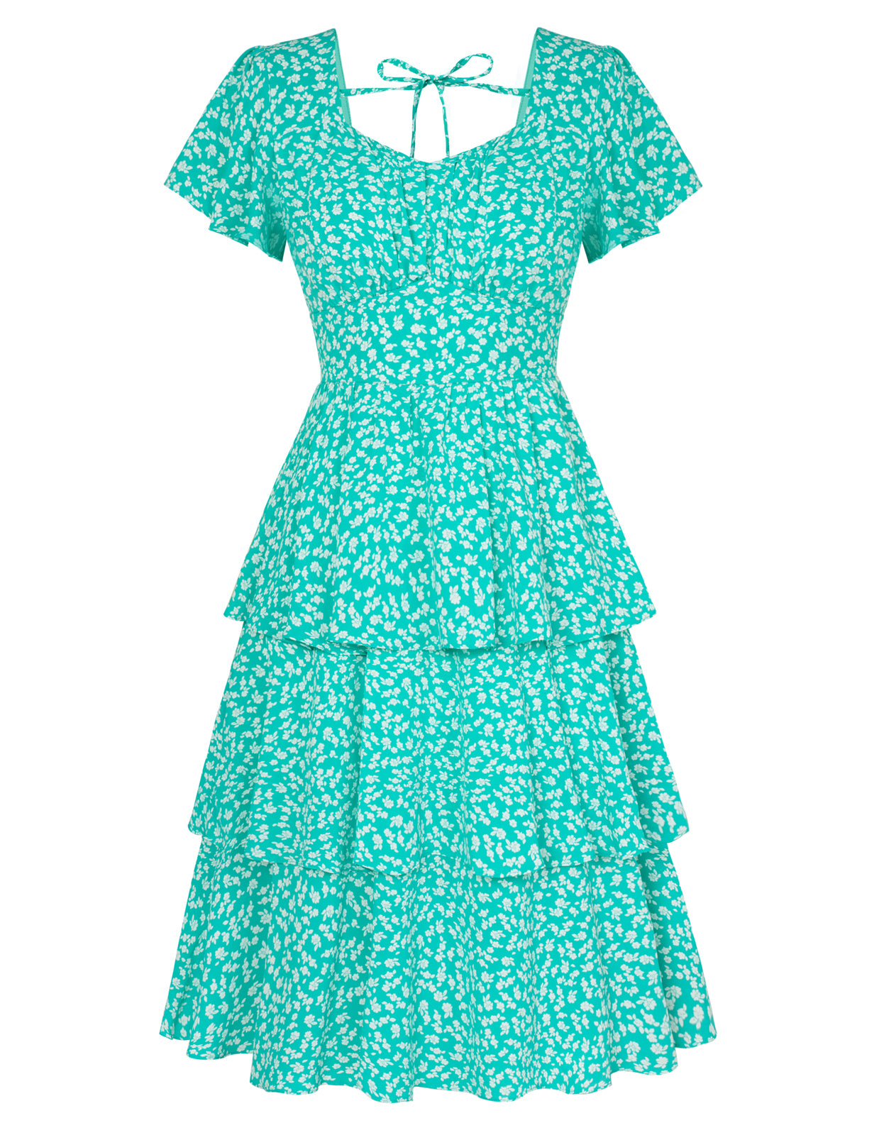 belle poque Floral Print Square Neck Tiered Ruffle Dress 2023 Summer Vintage A-line Swing Midi Dress Mint Green