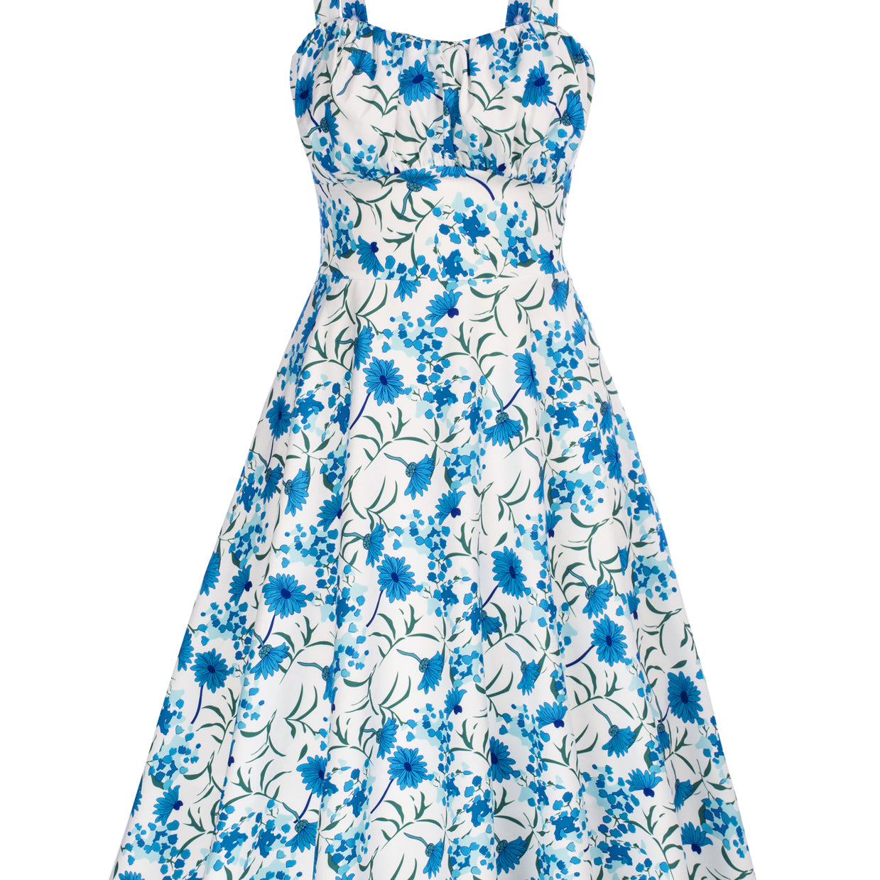 belle poque Vintage Two-Way Defined Waist Dress Ruched Bodice Flared A-Line Dress Blue Floral