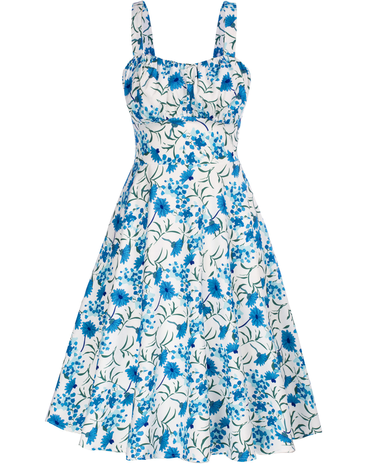 belle poque Vintage Two-Way Defined Waist Dress Ruched Bodice Flared A-Line Dress Blue Floral