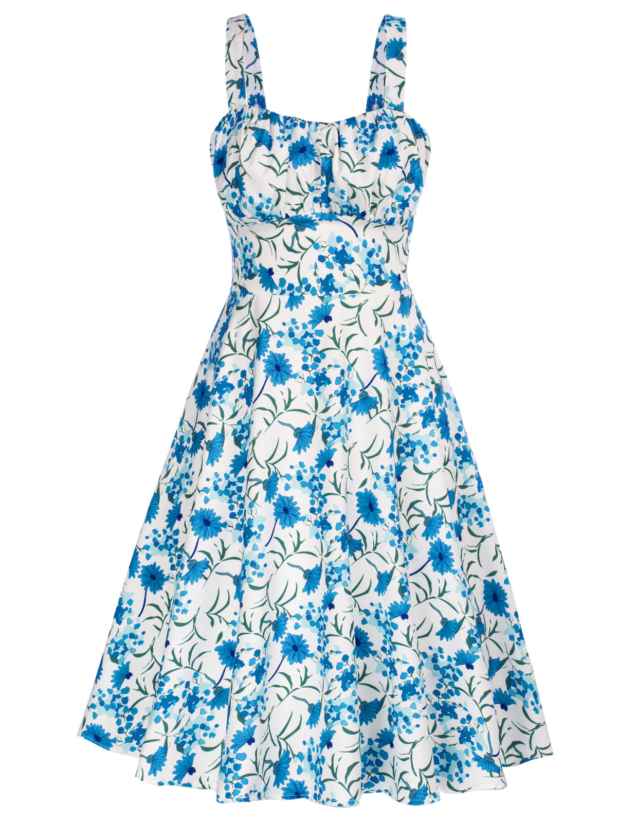 belle poque 1950s Women's Vintage Dresses Ruched Summer Cute Flowy Swing Midi Dress Blue Floral