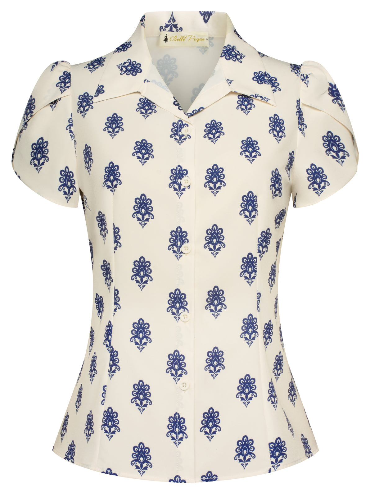 belle poque Business Casual Shirts Tops Summer Button Blouse for Women Floral white