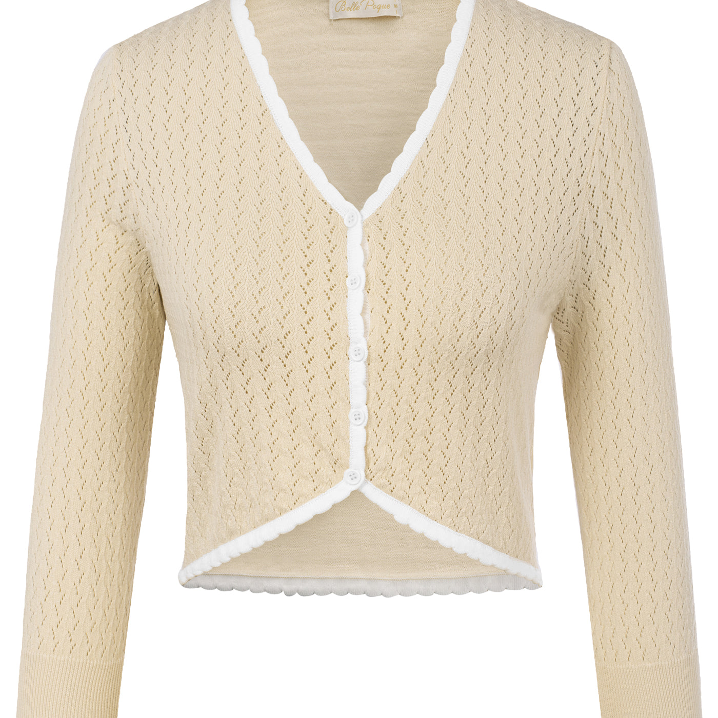 belle poque Hollowed-Out Cardigan 3/4 Sleeve V-Neck Button-up Cropped Knitwear Yellow+White