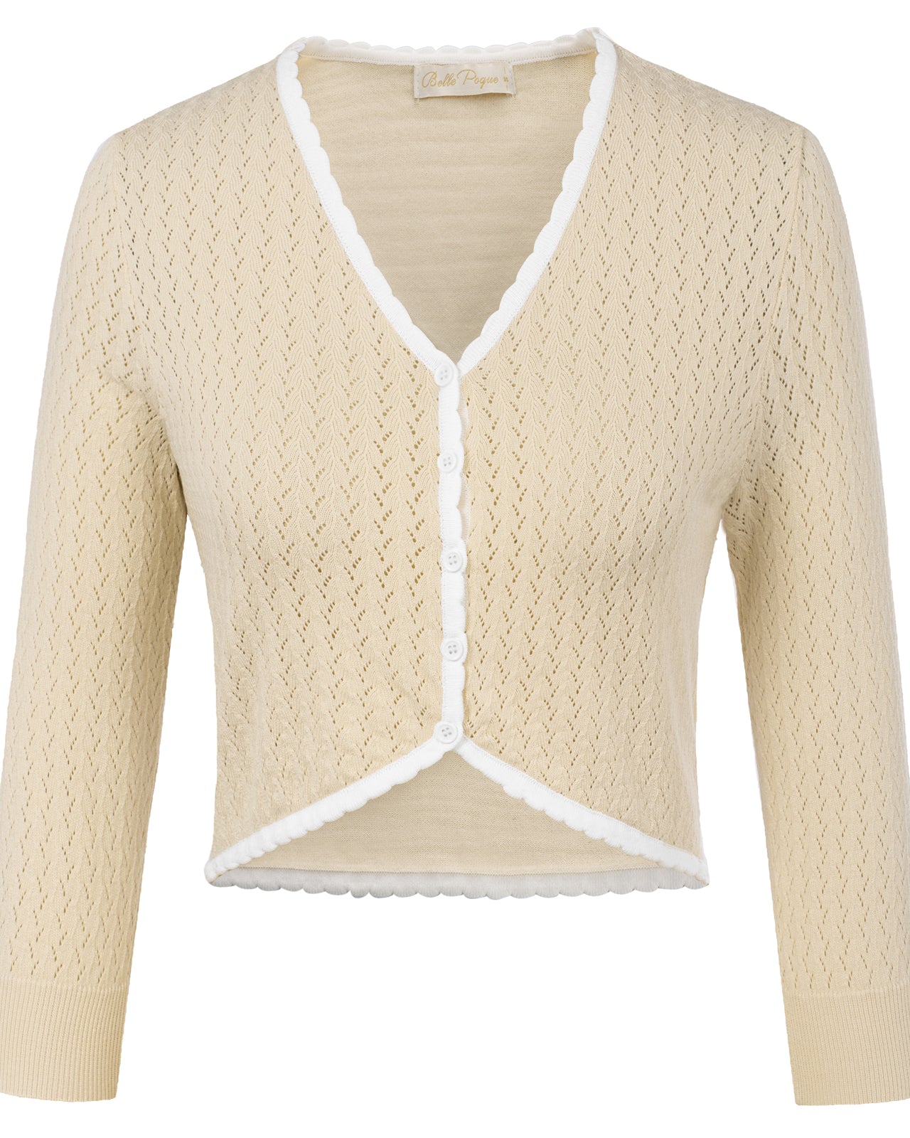 belle poque Hollowed-Out Cardigan 3/4 Sleeve V-Neck Button-up Cropped Knitwear Yellow+White