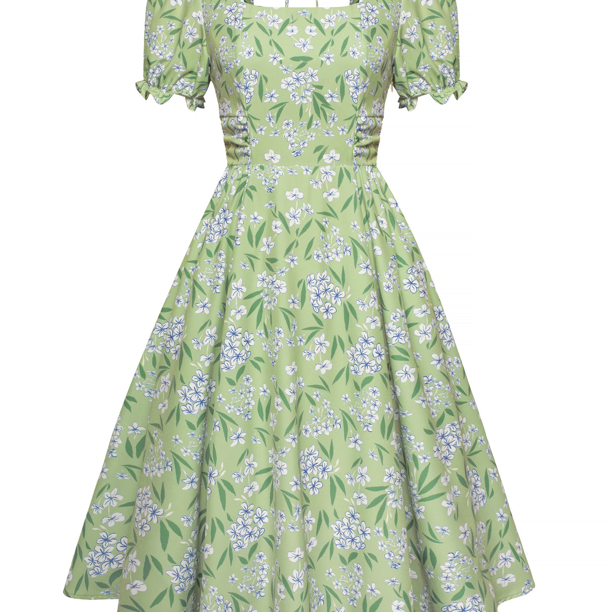 belle poque Vintage Daisy Flower Print Cottagecore Cocktail Dresses Square Neck Puff Sleeve Dress with Pockets
