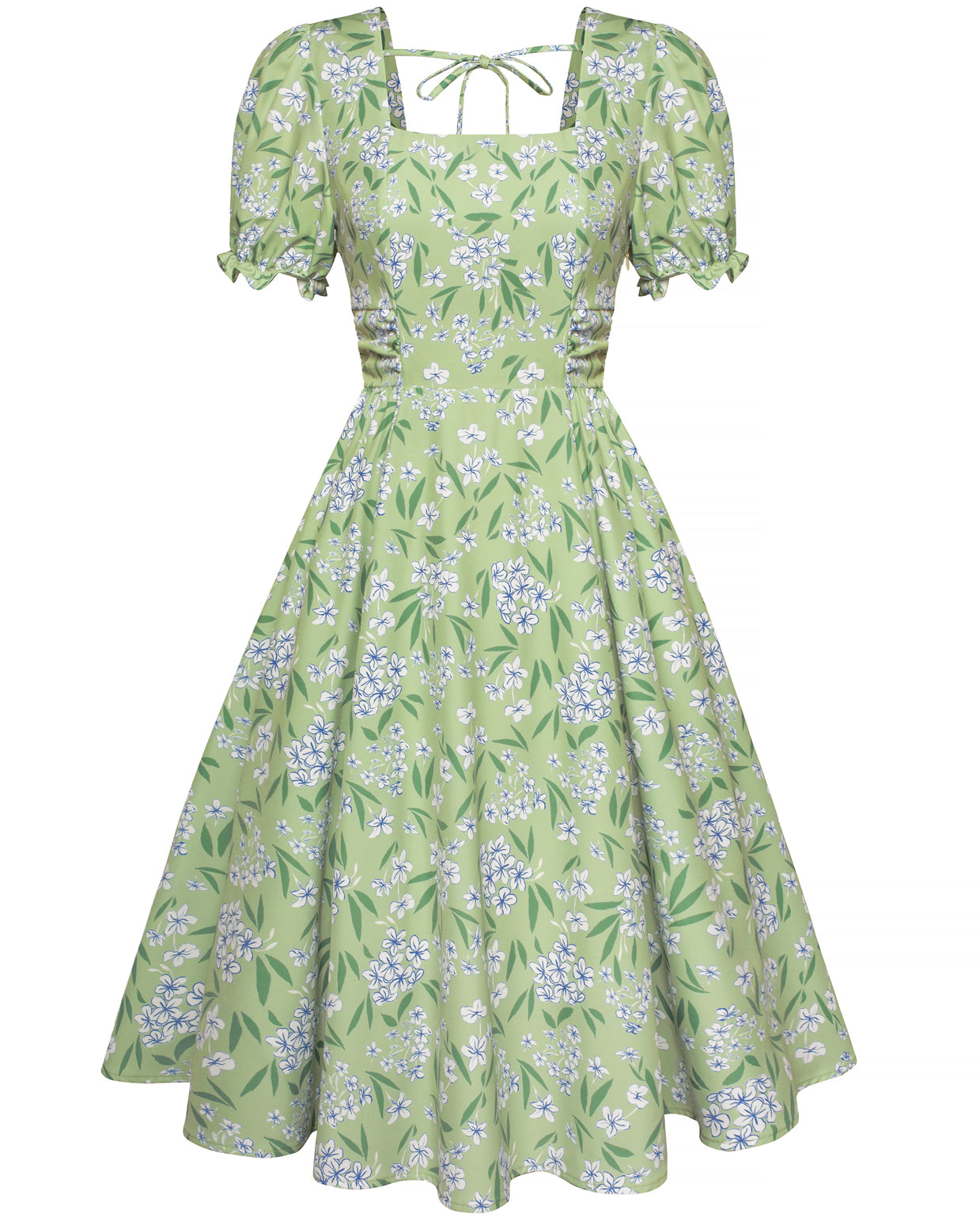 belle poque Vintage Daisy Flower Print Cottagecore Cocktail Dresses Square Neck Puff Sleeve Dress with Pockets
