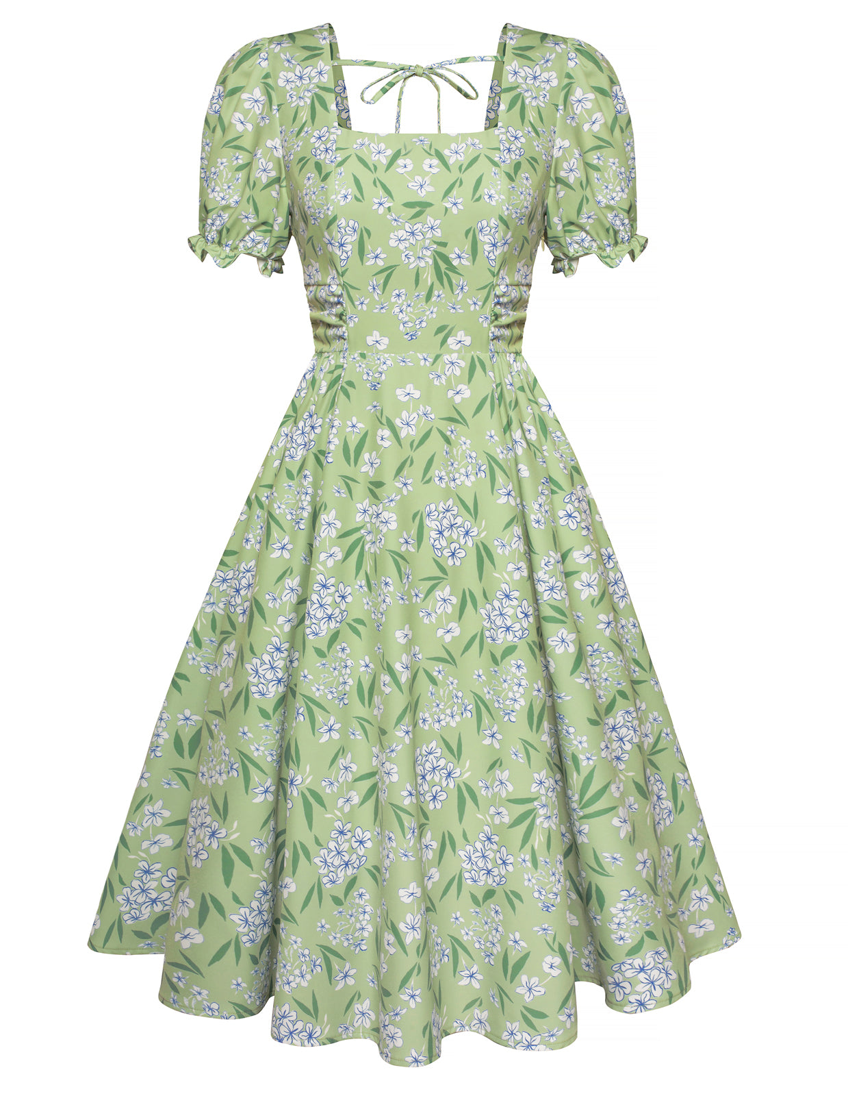 belle poque Vintage Daisy Flower Print Cottagecore Cocktail Dresses Square Neck Puff Sleeve Dress with Pockets Floral green