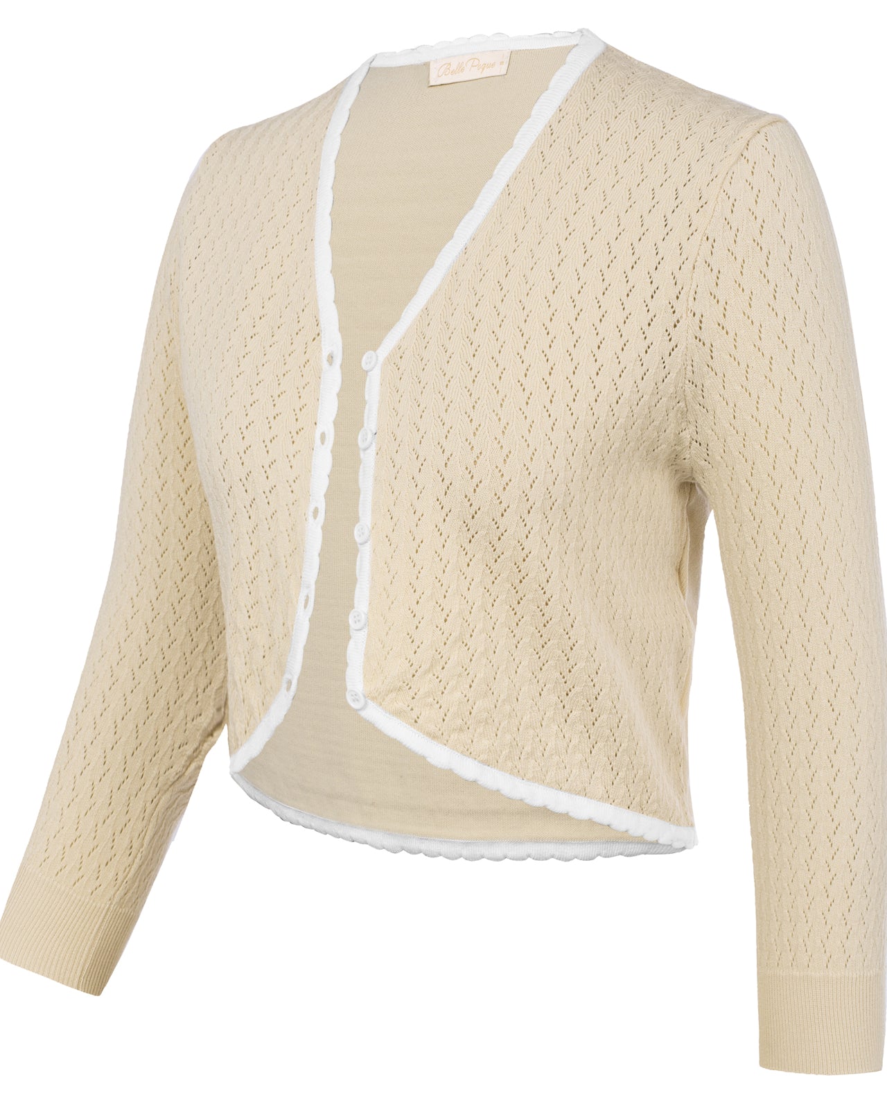 belle poque Hollowed-Out Cardigan 3/4 Sleeve V-Neck Button-up Cropped Knitwear