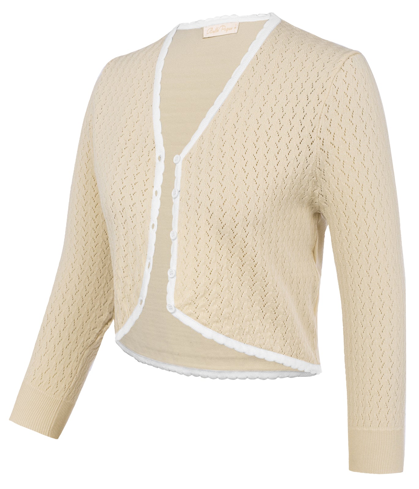 belle poque Hollowed-Out Cardigan 3/4 Sleeve V-Neck Button-up Cropped Knitwear
