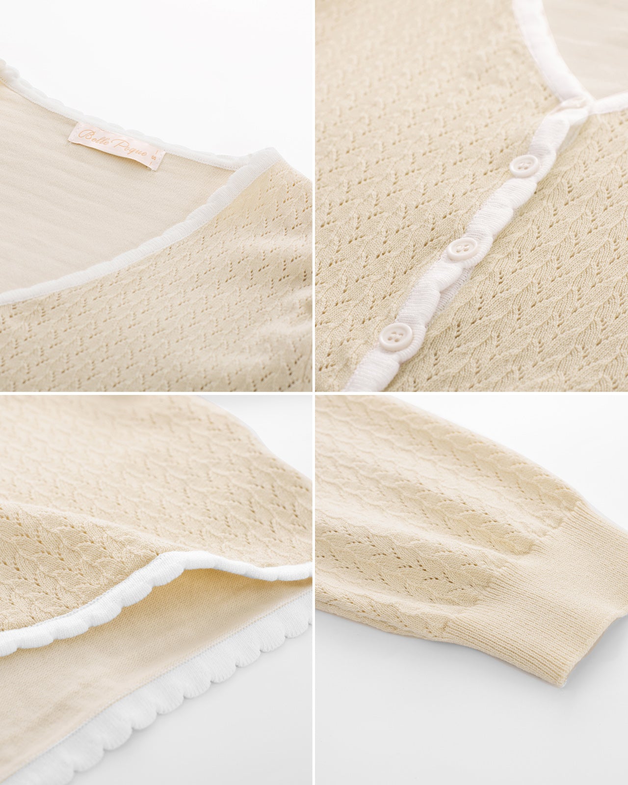 belle poque Hollowed-Out Cardigan 3/4 Sleeve V-Neck Button-up Cropped Knitwear