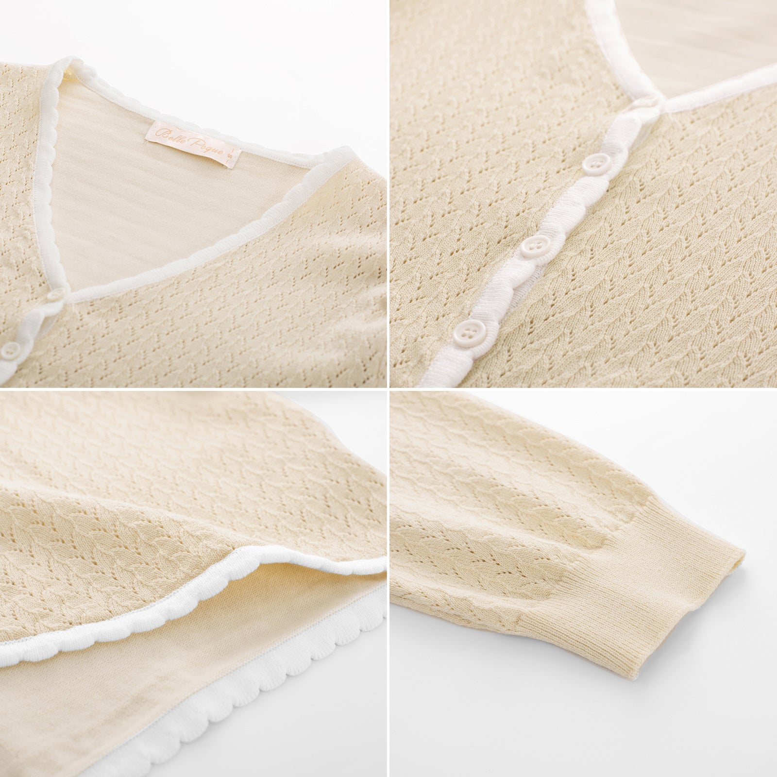 belle poque Hollowed-Out Cardigan 3/4 Sleeve V-Neck Button-up Cropped Knitwear