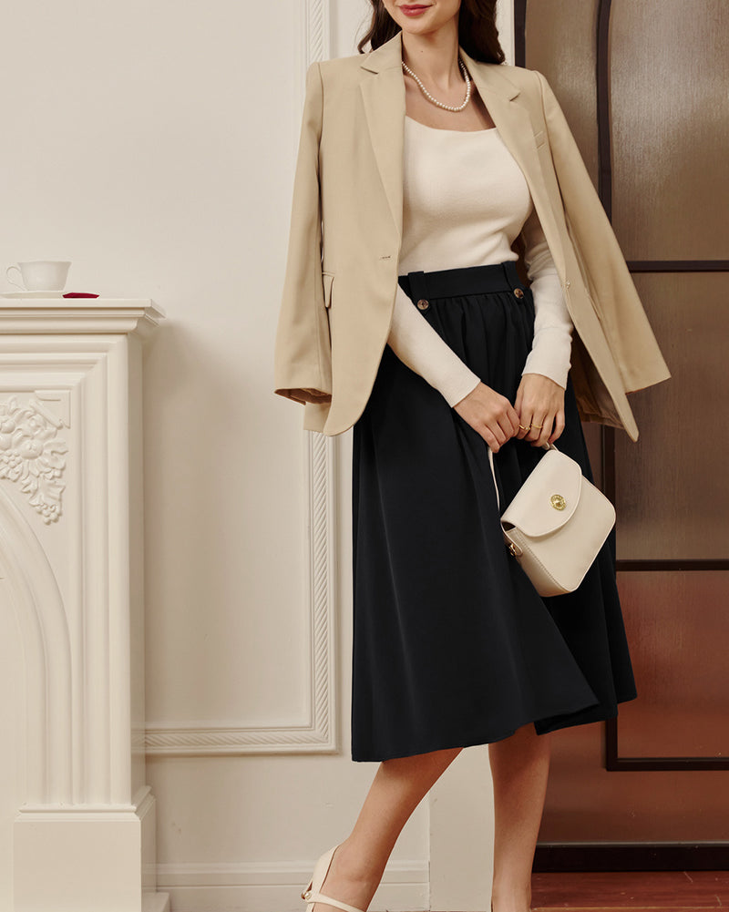 belle poque Women Vintage Swing Skirt Elastic Waist Mid-Calf Length A-Line Skirt