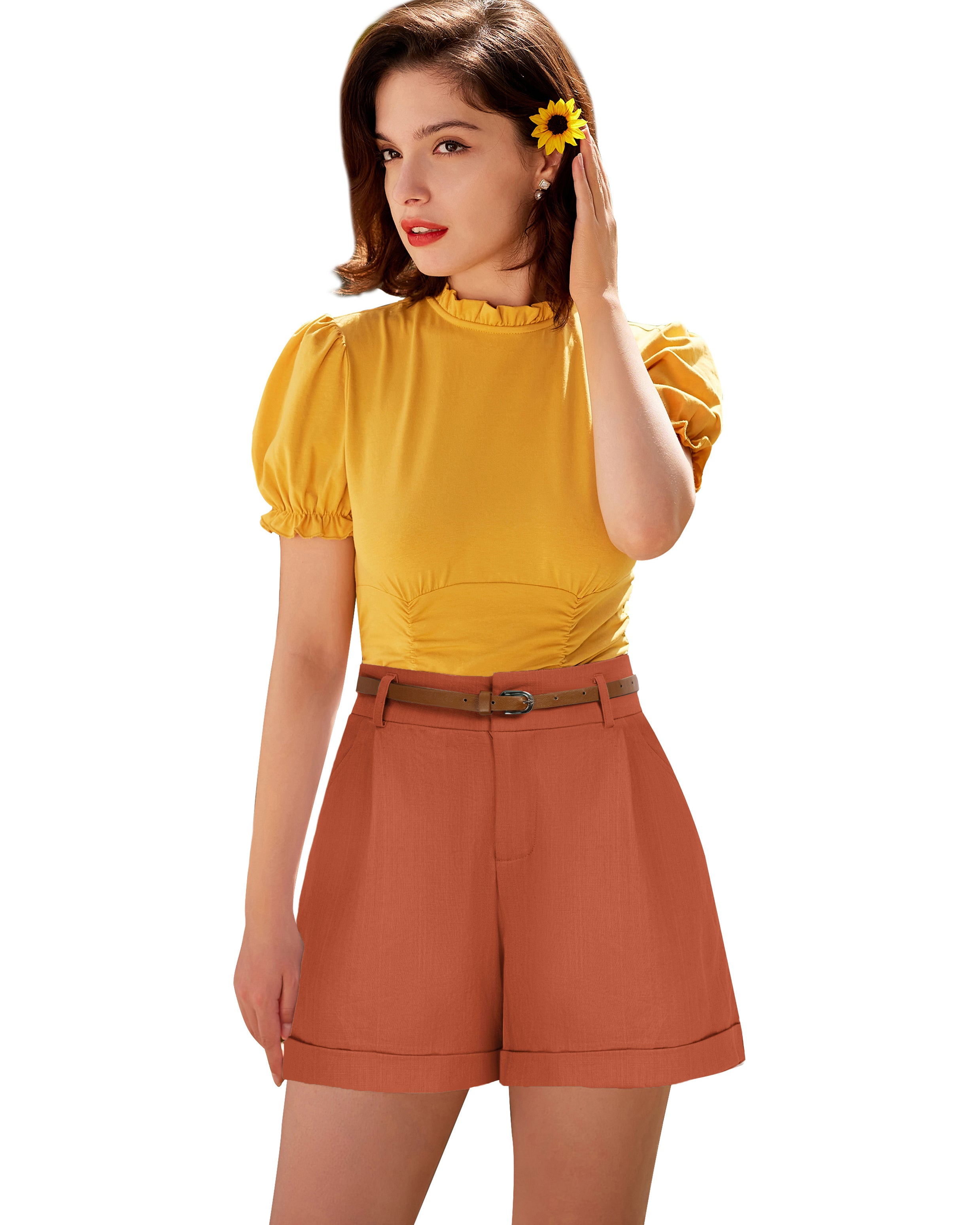 belle poque Elastic Waist Fold-up Leg Opening Cotton Shorts with Belt