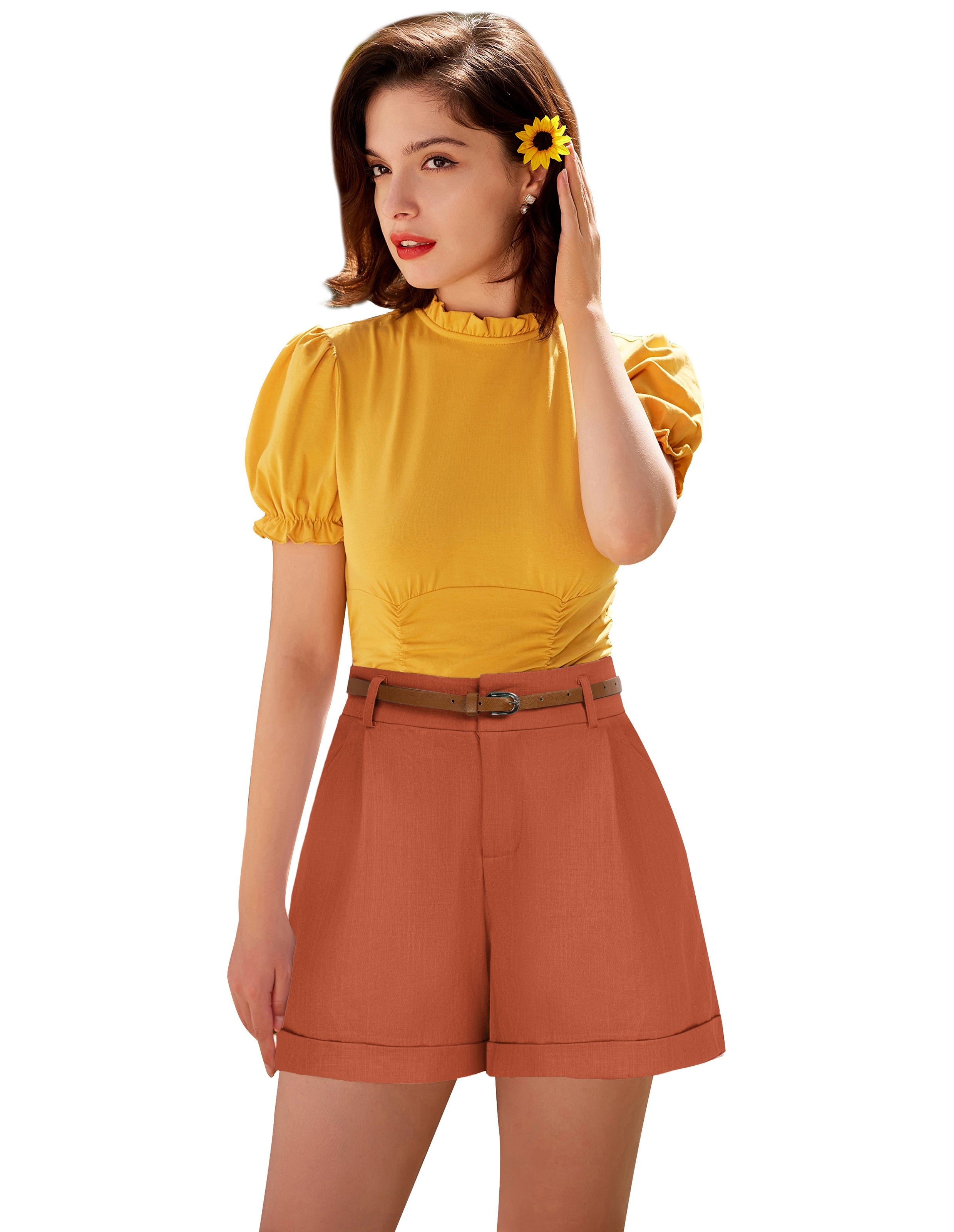belle poque Elastic Waist Fold-up Leg Opening Cotton Shorts with Belt