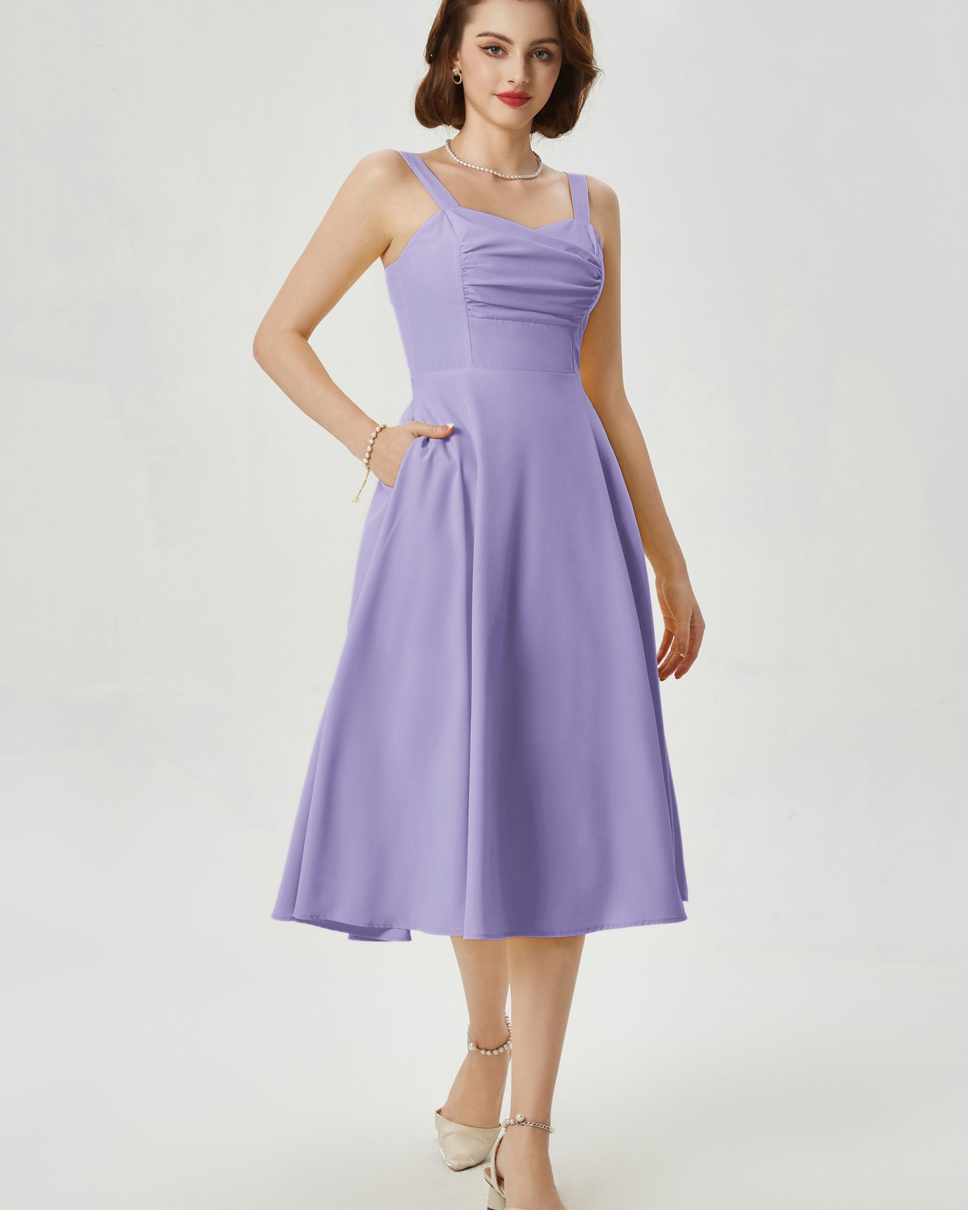 belle poque Vintage 1950s Cocktail Dress Ruched Slit A Line Swing Dress with Pockets