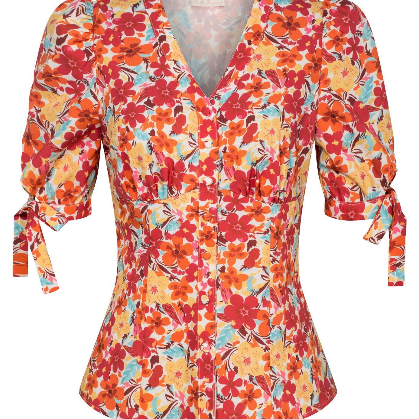 belle poque Cherries Pattern Short Puff Sleeves V-Neck Button Placket Blouse Floral Red