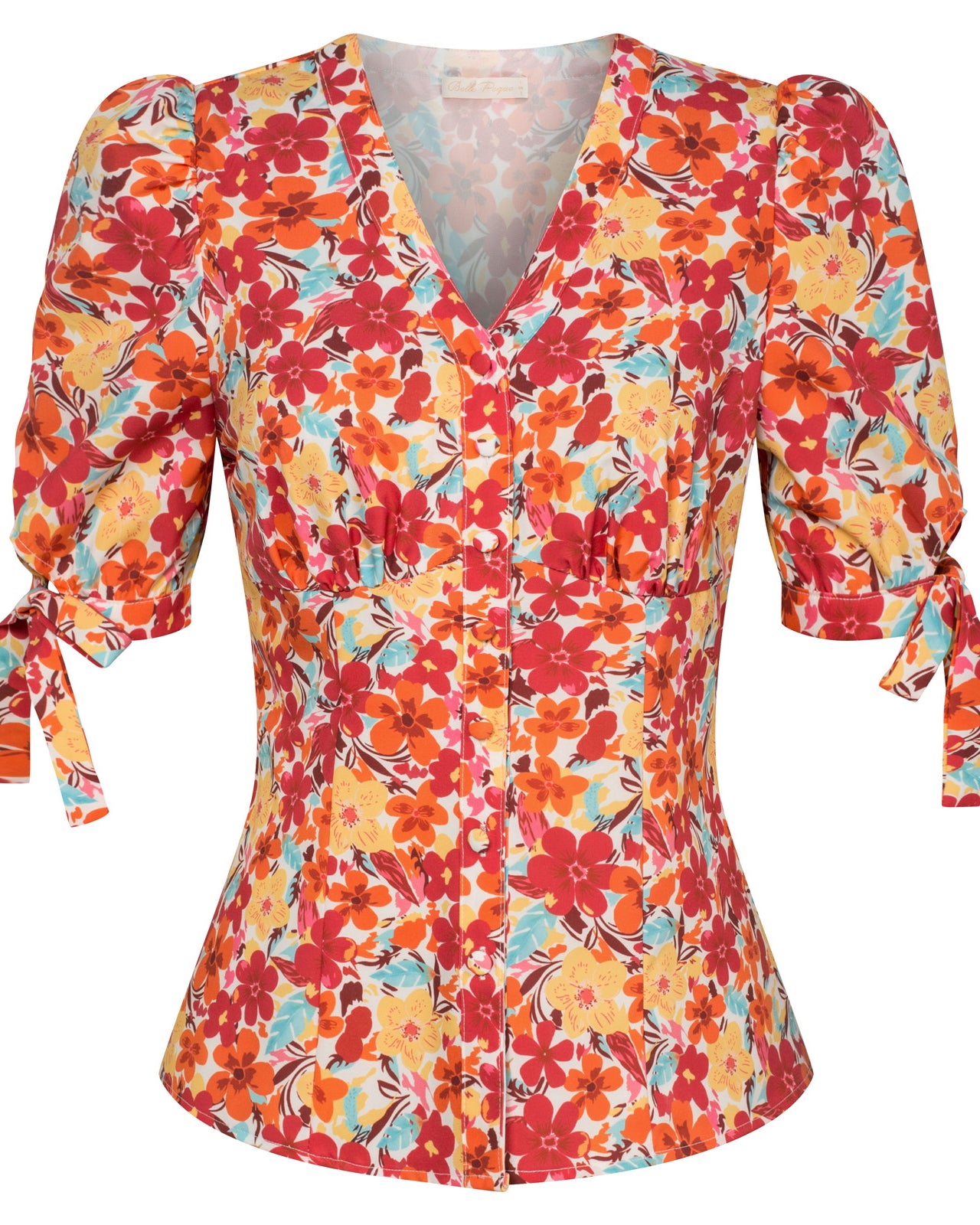 belle poque Cherries Pattern Short Puff Sleeves V-Neck Button Placket Blouse Floral Red