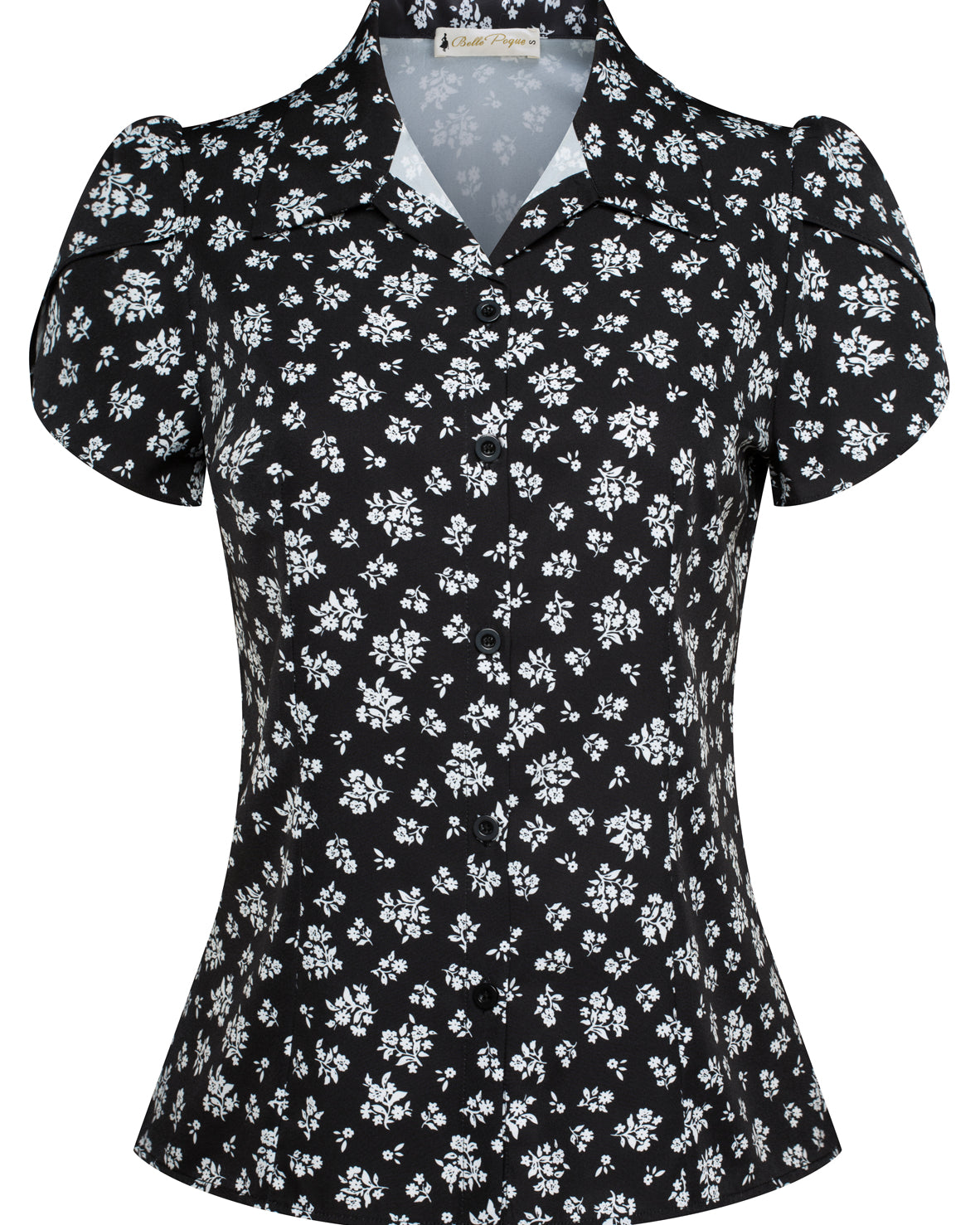 belle poque Business Casual Shirts Tops Summer Button Blouse for Women Floral black