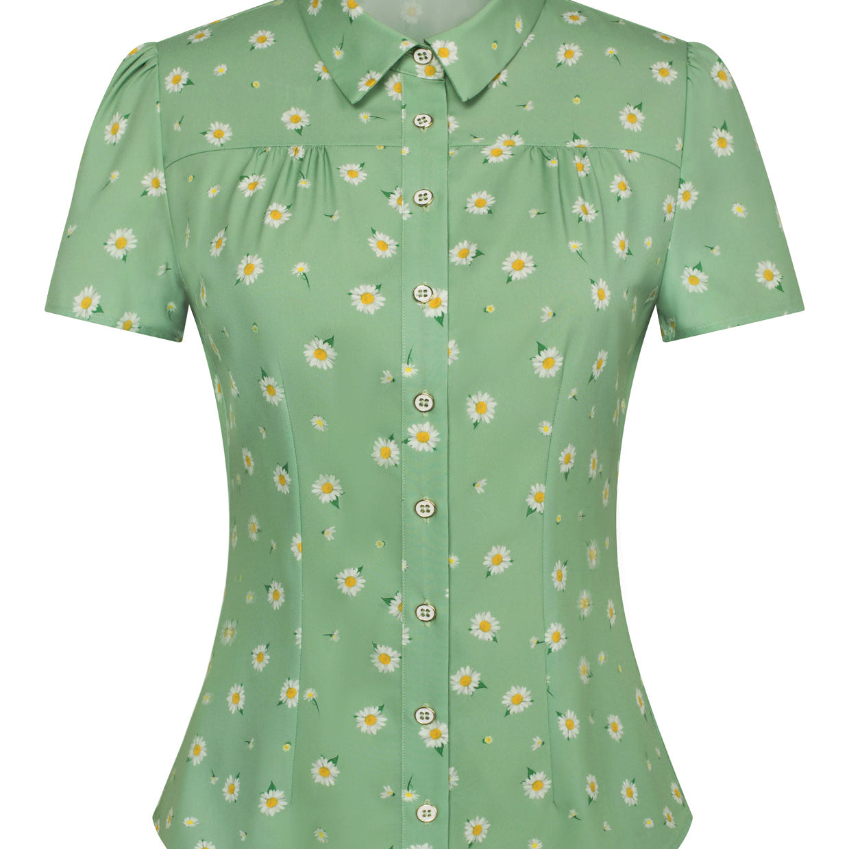belle poque Women Retro Vintage Cherry Print Short Sleeve Square Collar Curved Hem Shirt Green