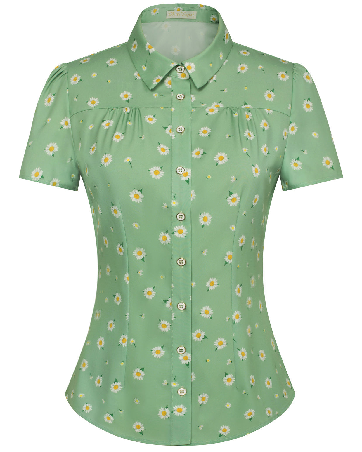 belle poque Women Retro Vintage Cherry Print Short Sleeve Square Collar Curved Hem Shirt Green