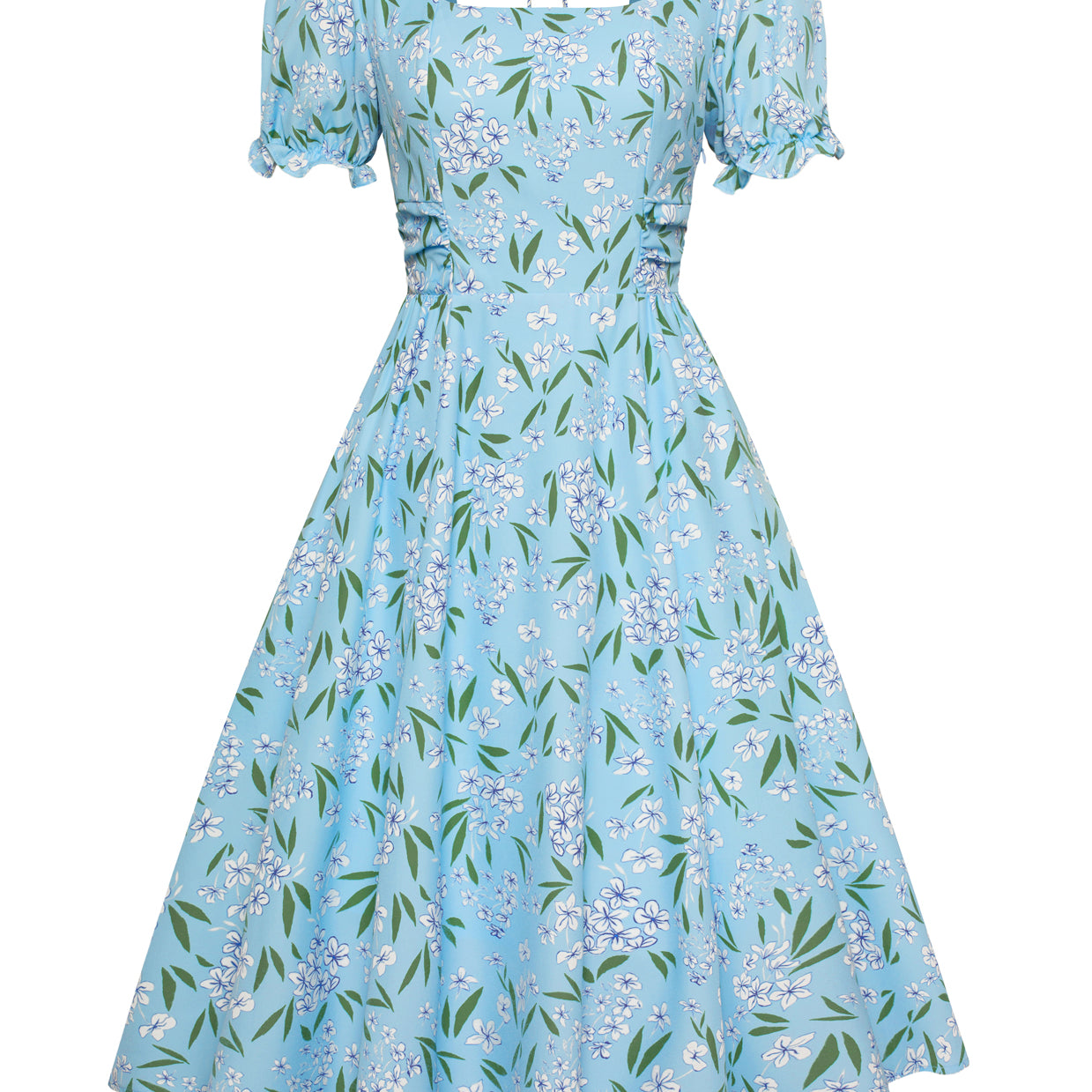 belle poque Vintage Daisy Flower Print Cottagecore Cocktail Dresses Square Neck Puff Sleeve Dress with Pockets