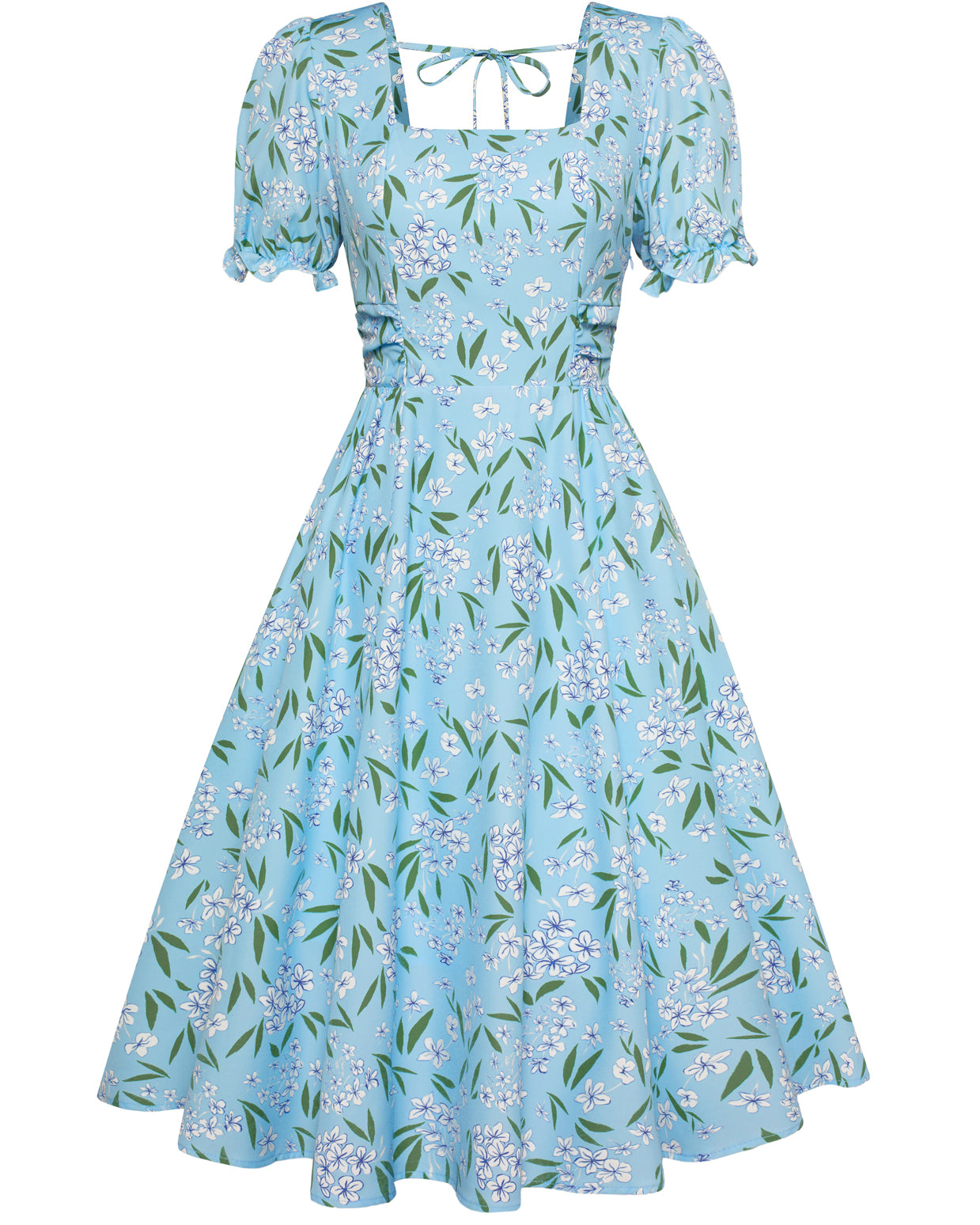 belle poque Vintage Daisy Flower Print Cottagecore Cocktail Dresses Square Neck Puff Sleeve Dress with Pockets