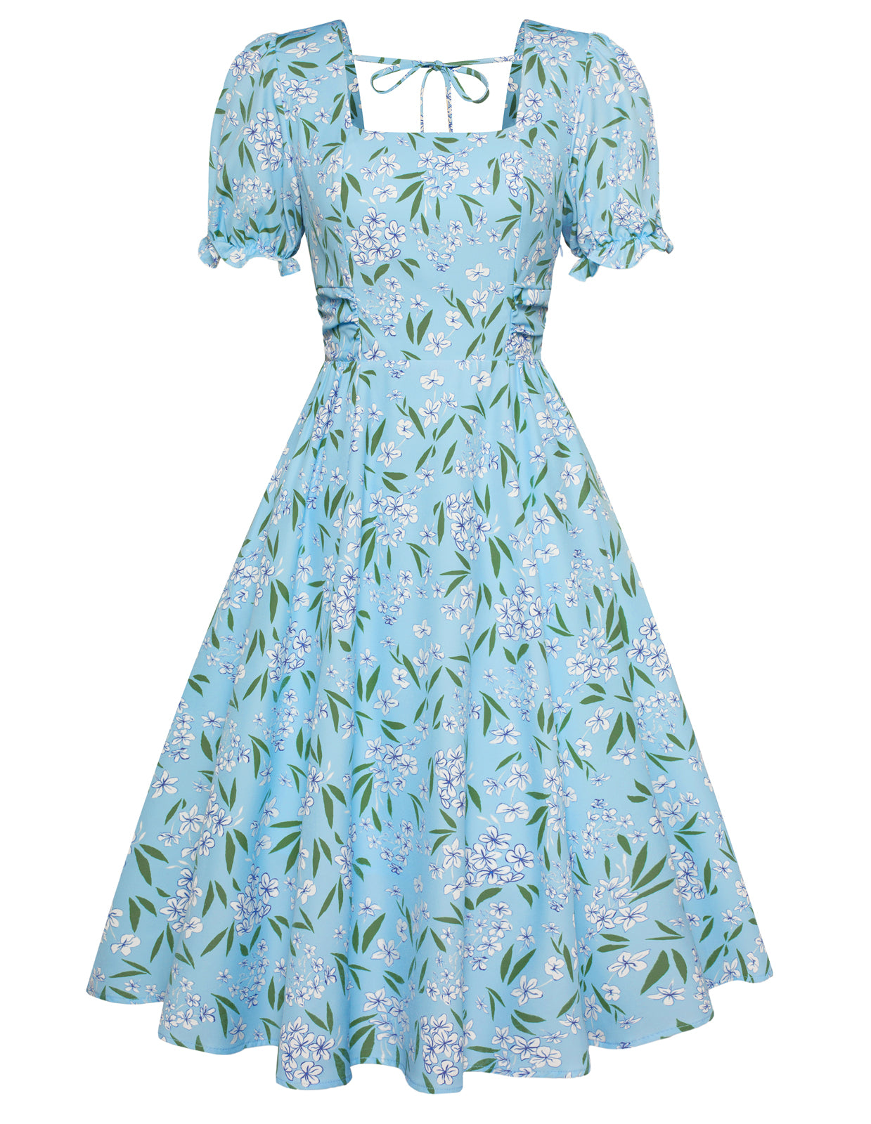 belle poque Vintage Daisy Flower Print Cottagecore Cocktail Dresses Square Neck Puff Sleeve Dress with Pockets Floral blue2