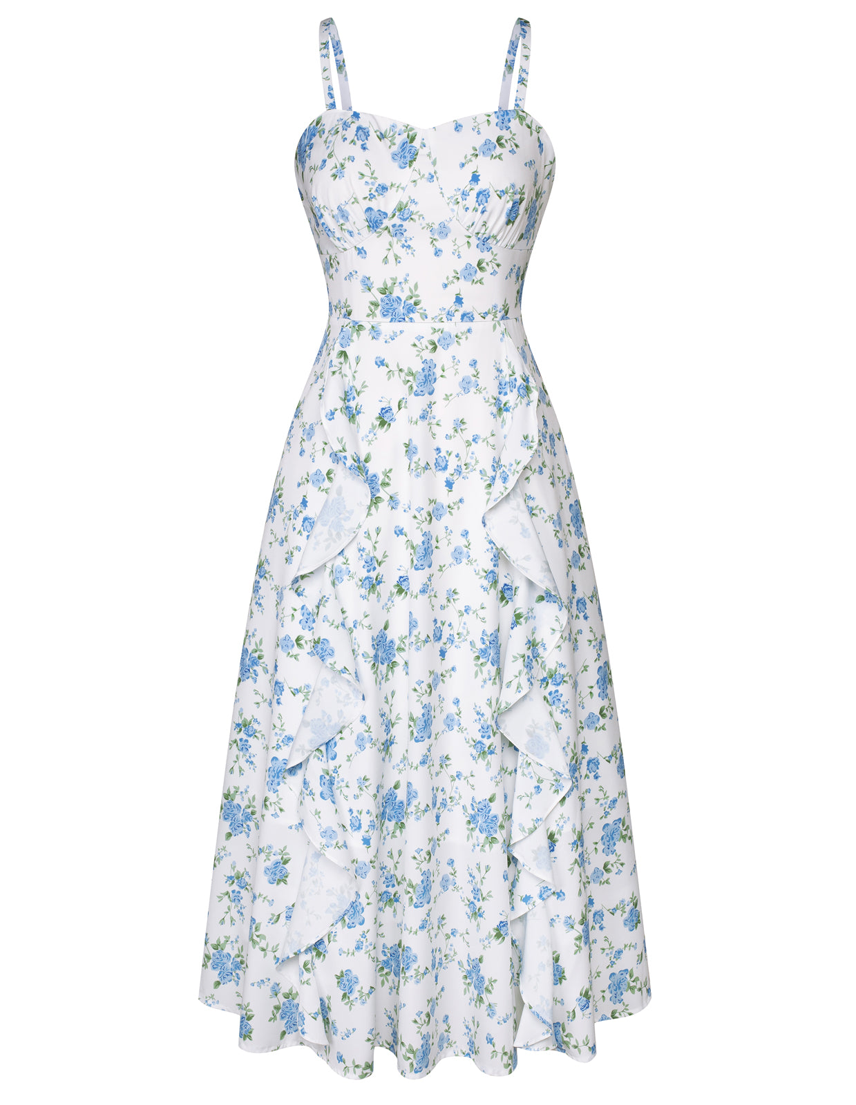 belle poque Sun Slip Dresses for Women Boho Maxi Dresses Casual Spaghetti Ruffle Dress Floral blue