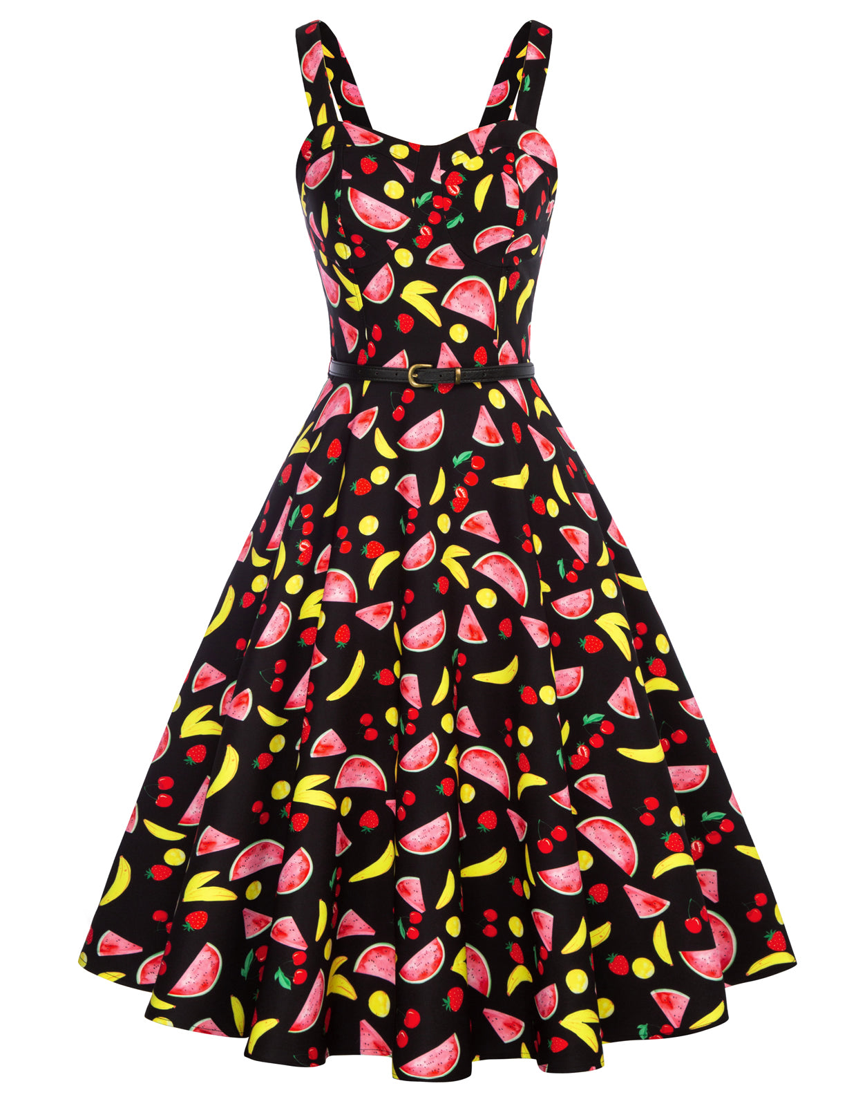 belle poque Fruit Printed Sweetheart Neck Flared 1950s Sleeveless A-Line Dress with Belt Black