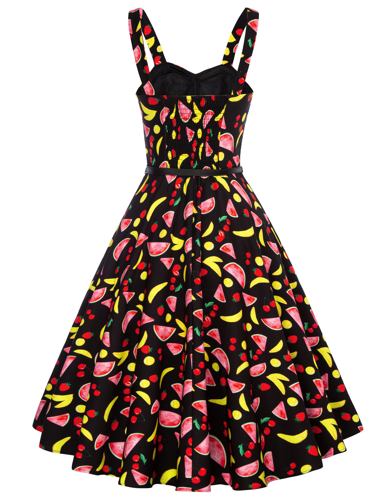 belle poque Fruit Printed Sweetheart Neck Flared 1950s Sleeveless A-Line Dress with Belt