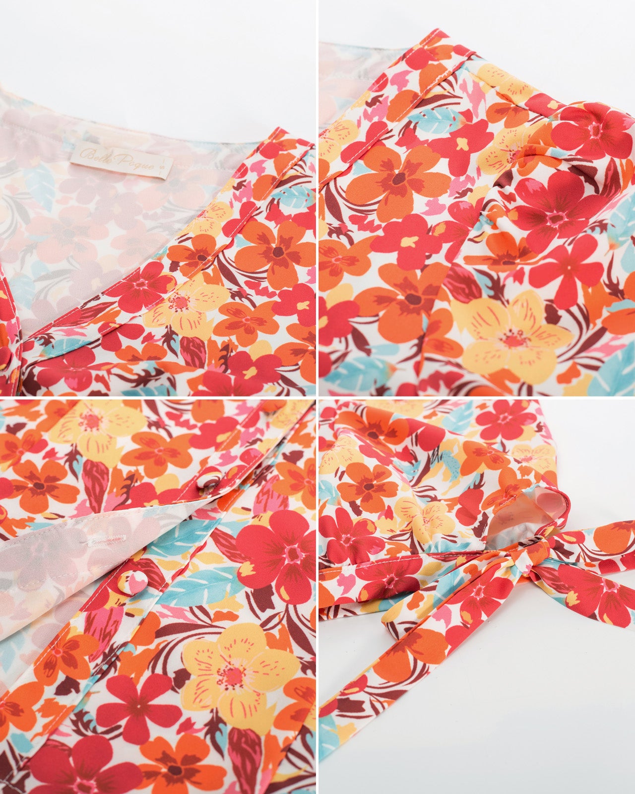 belle poque Cherries Pattern Short Puff Sleeves V-Neck Button Placket Blouse