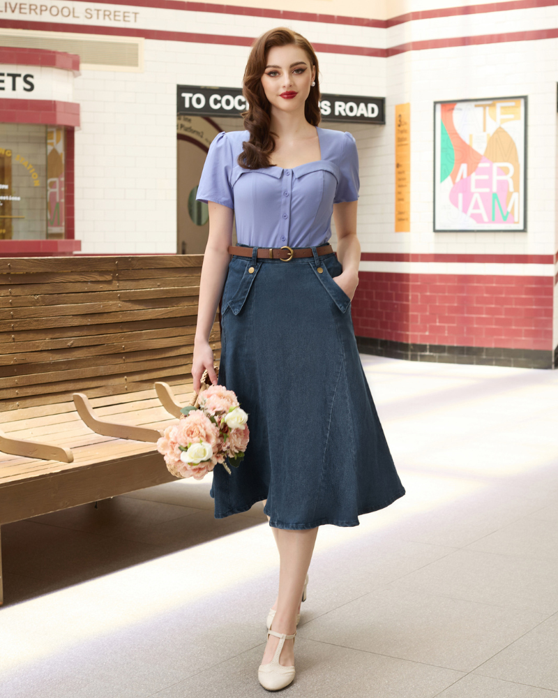 belle poque Denim Skirts Knee Length Vintage Elastic High Waist A-Line Midi Jean Skirts with Pockets