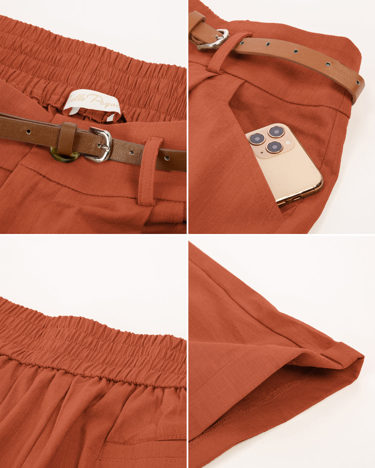 belle poque Elastic Waist Fold-up Leg Opening Cotton Shorts with Belt