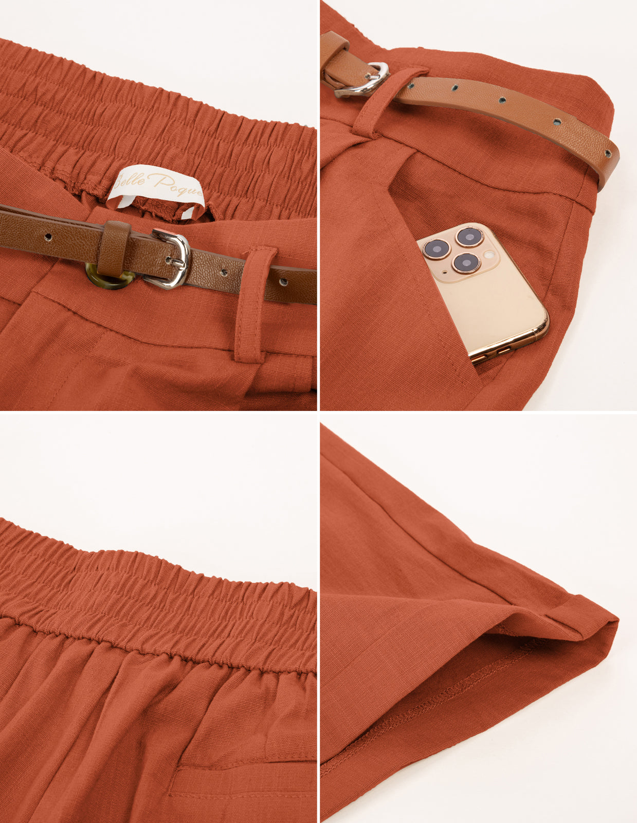 belle poque Elastic Waist Fold-up Leg Opening Cotton Shorts with Belt