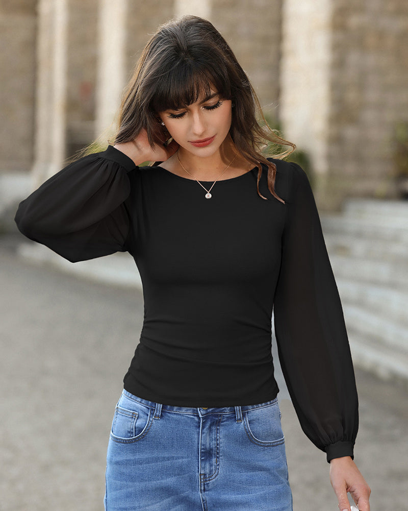 belle poque Women's Mesh Long Sleeve Tops Bow Tie Back Dressy Blouses