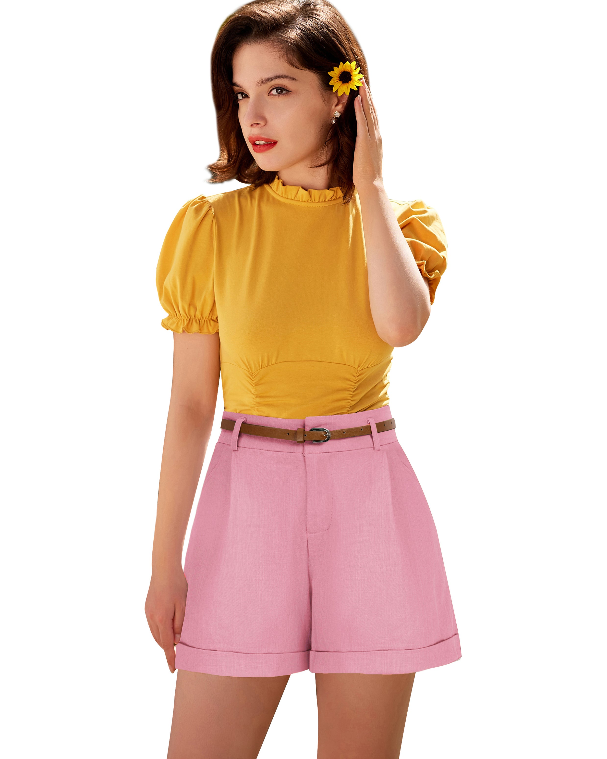 belle poque Elastic Waist Fold-up Leg Opening Cotton Shorts with Belt