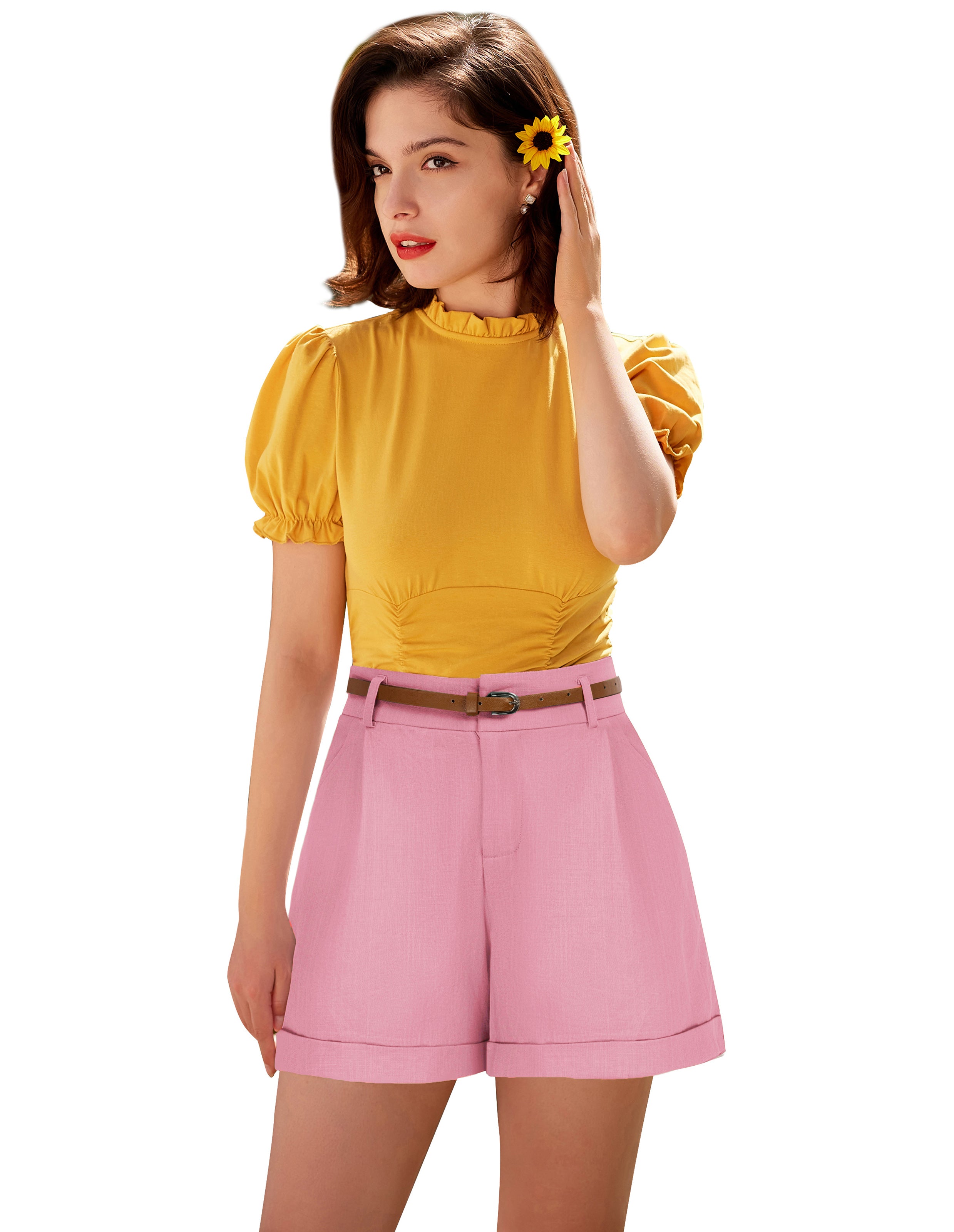 belle poque Elastic Waist Fold-up Leg Opening Cotton Shorts with Belt