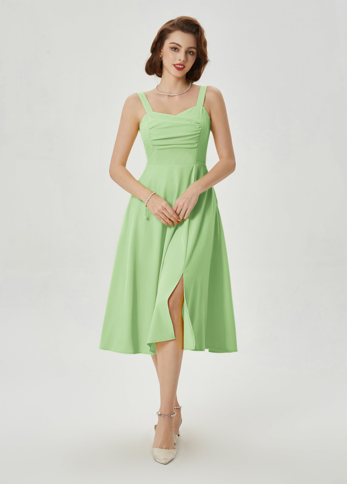 belle poque Vintage Strawberry Patterns Cocktail Dress Sleeveless Spaghetti Strap Ruched Slit A Line Swing Dress with Pockets