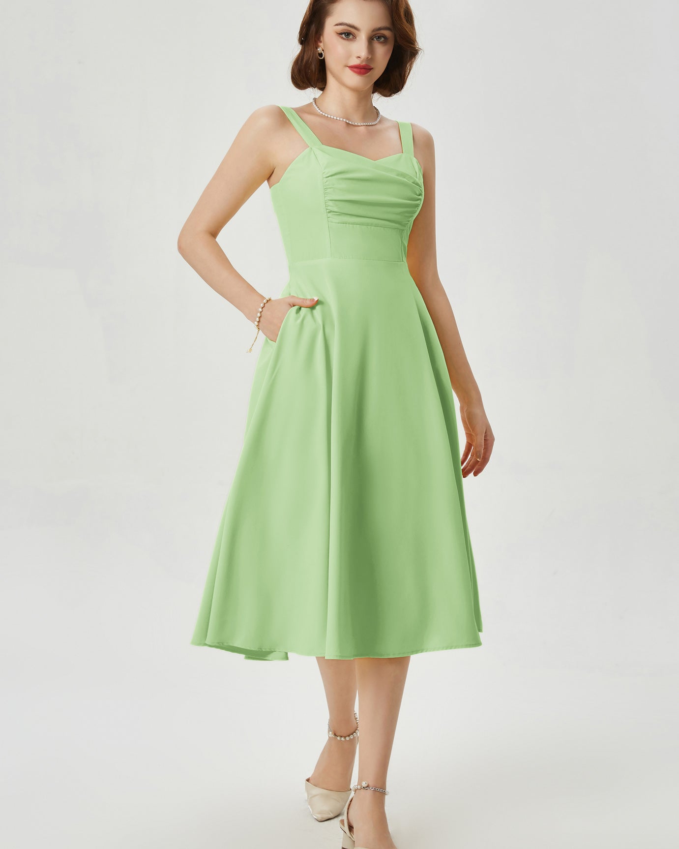 belle poque Vintage 1950s Cocktail Dress Ruched Slit A Line Swing Dress with Pockets