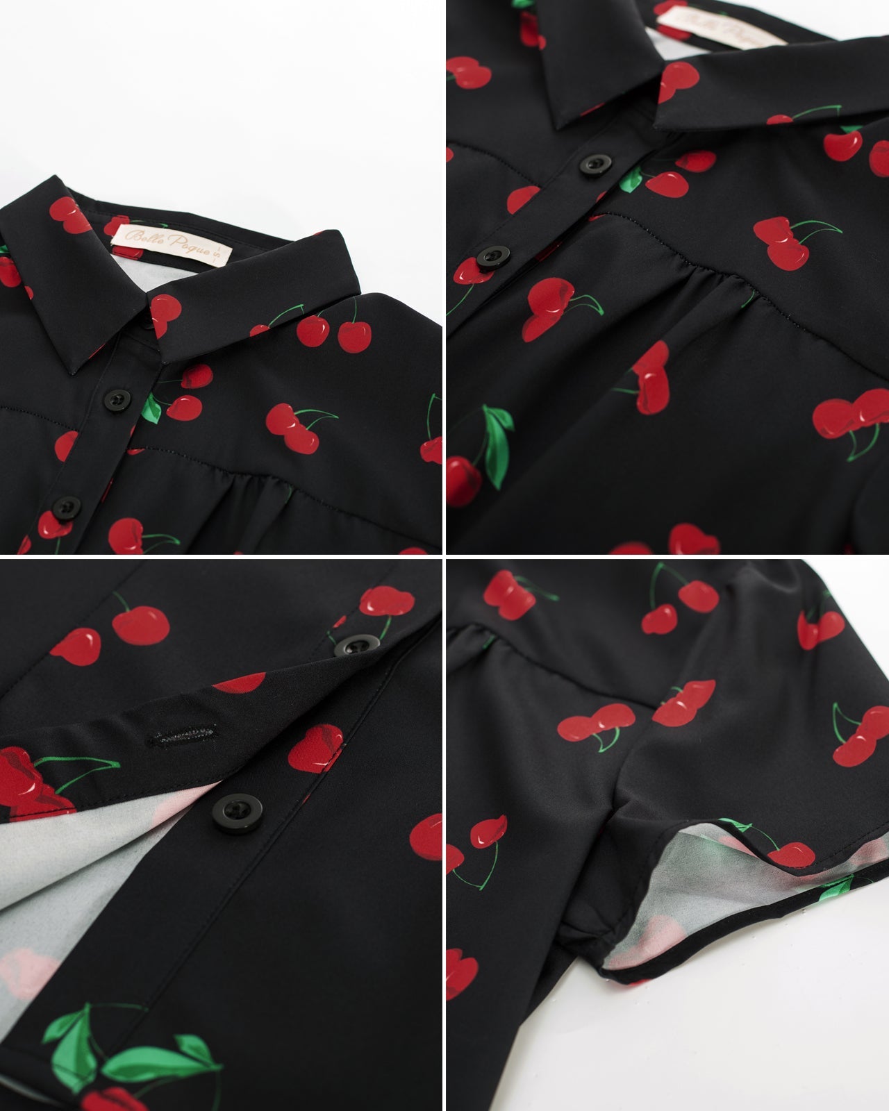 belle poque Women Retro Vintage Cherry Print Short Sleeve Square Collar Curved Hem Shirt