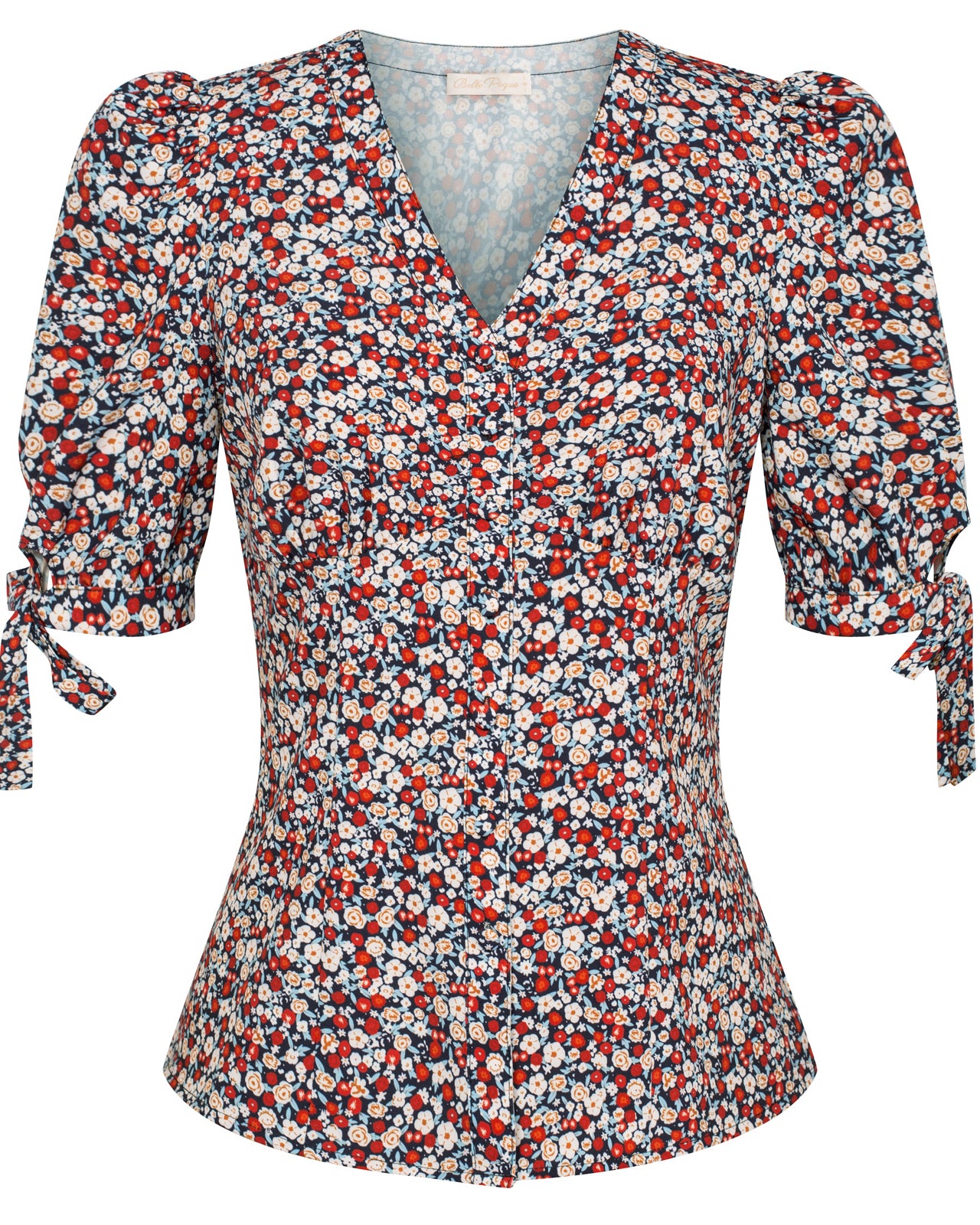 belle poque Cherries Pattern Short Puff Sleeves V-Neck Button Placket Blouse