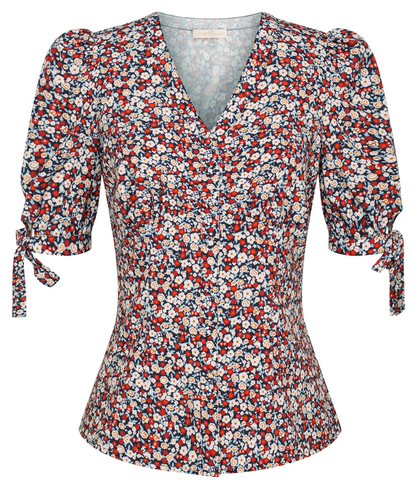belle poque Cherries Pattern Short Puff Sleeves V-Neck Button Placket Blouse