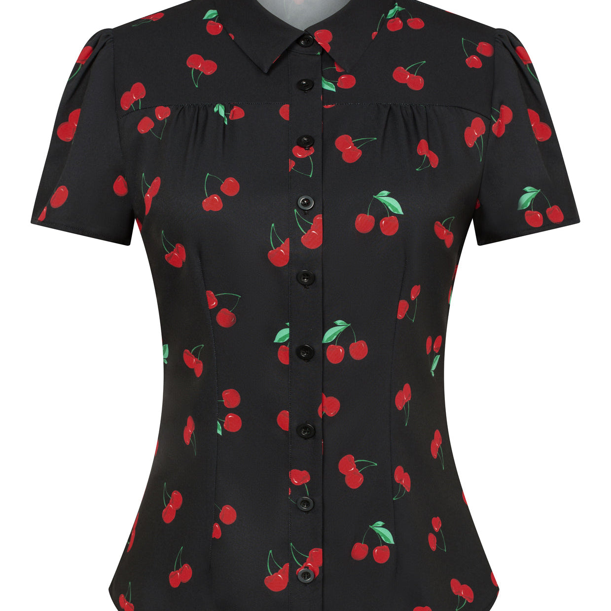 belle poque Women Retro Vintage Cherry Print Short Sleeve Square Collar Curved Hem Shirt Black