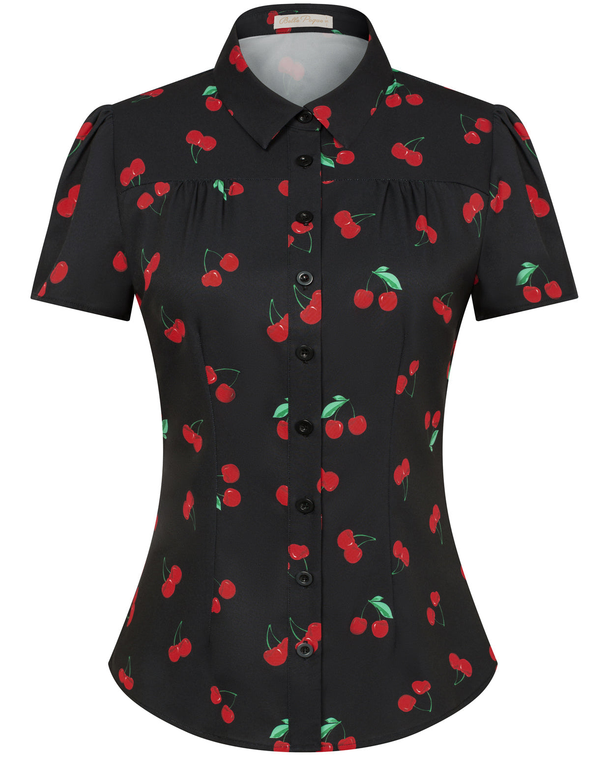 belle poque Women Retro Vintage Cherry Print Short Sleeve Square Collar Curved Hem Shirt Black