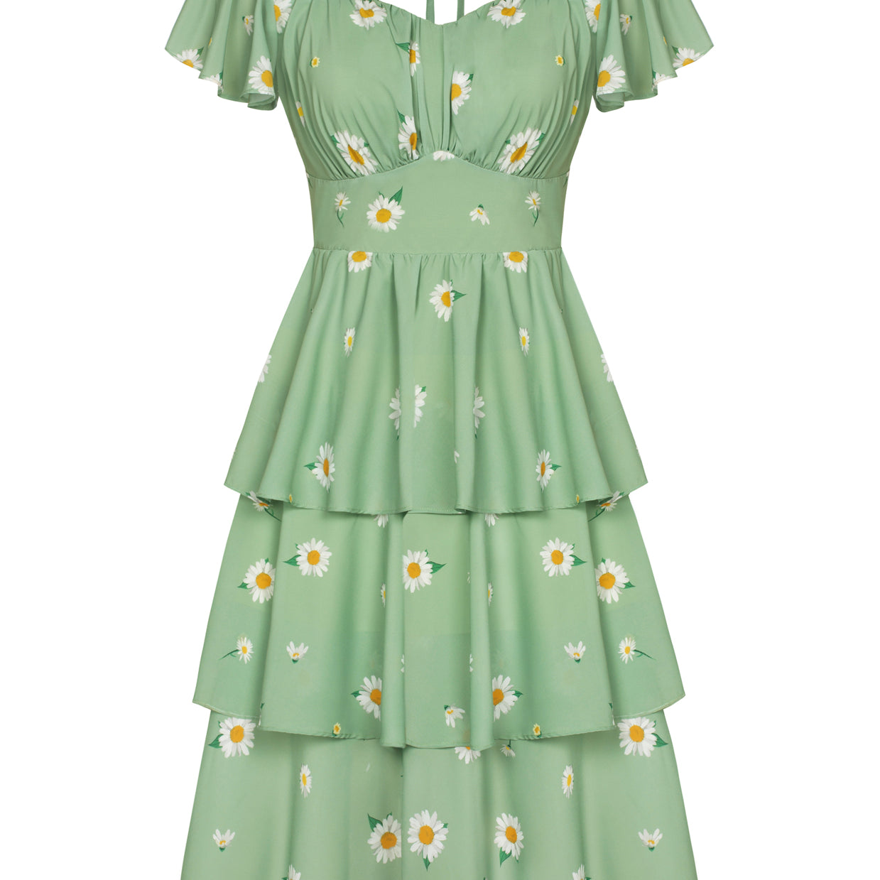 belle poque Floral Print Tiered Ruffle Dress 2026 Summer Vintage A-line Swing Midi Dress Green