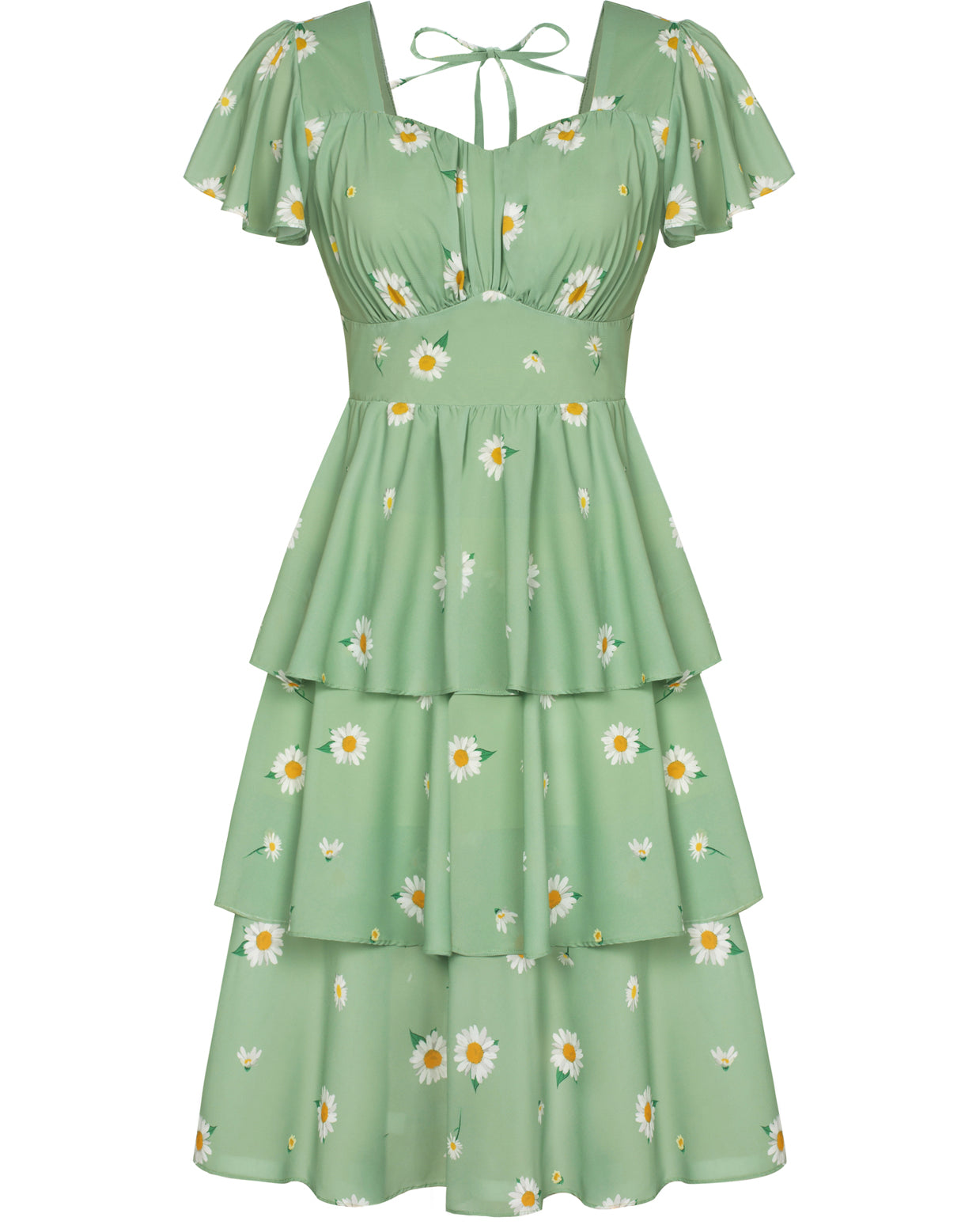 belle poque Floral Print Tiered Ruffle Dress 2026 Summer Vintage A-line Swing Midi Dress Green
