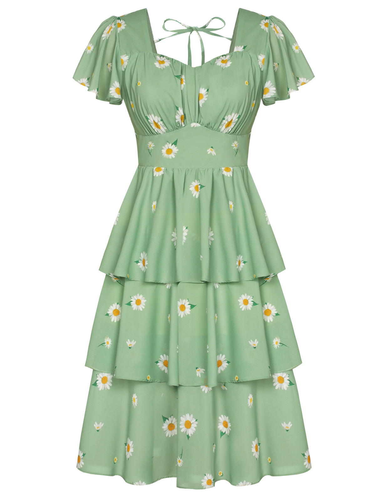 belle poque Floral Print Square Neck Tiered Ruffle Dress 2023 Summer Vintage A-line Swing Midi Dress Green