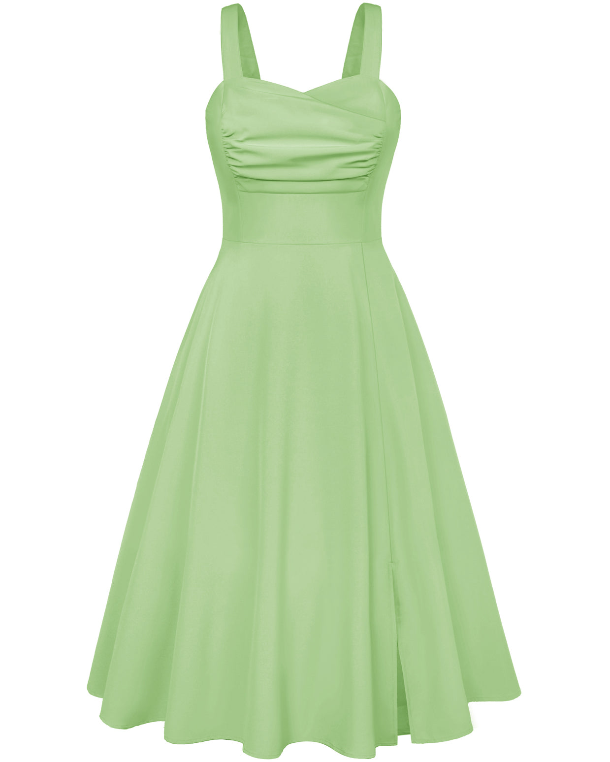 belle poque Vintage 1950s Cocktail Dress Ruched Slit A Line Swing Dress with Pockets Light green