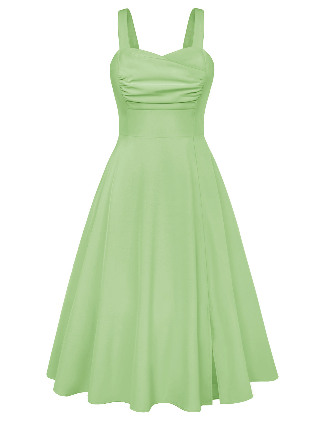 belle poque Vintage Strawberry Patterns Cocktail Dress Sleeveless Spaghetti Strap Ruched Slit A Line Swing Dress with Pockets Light green