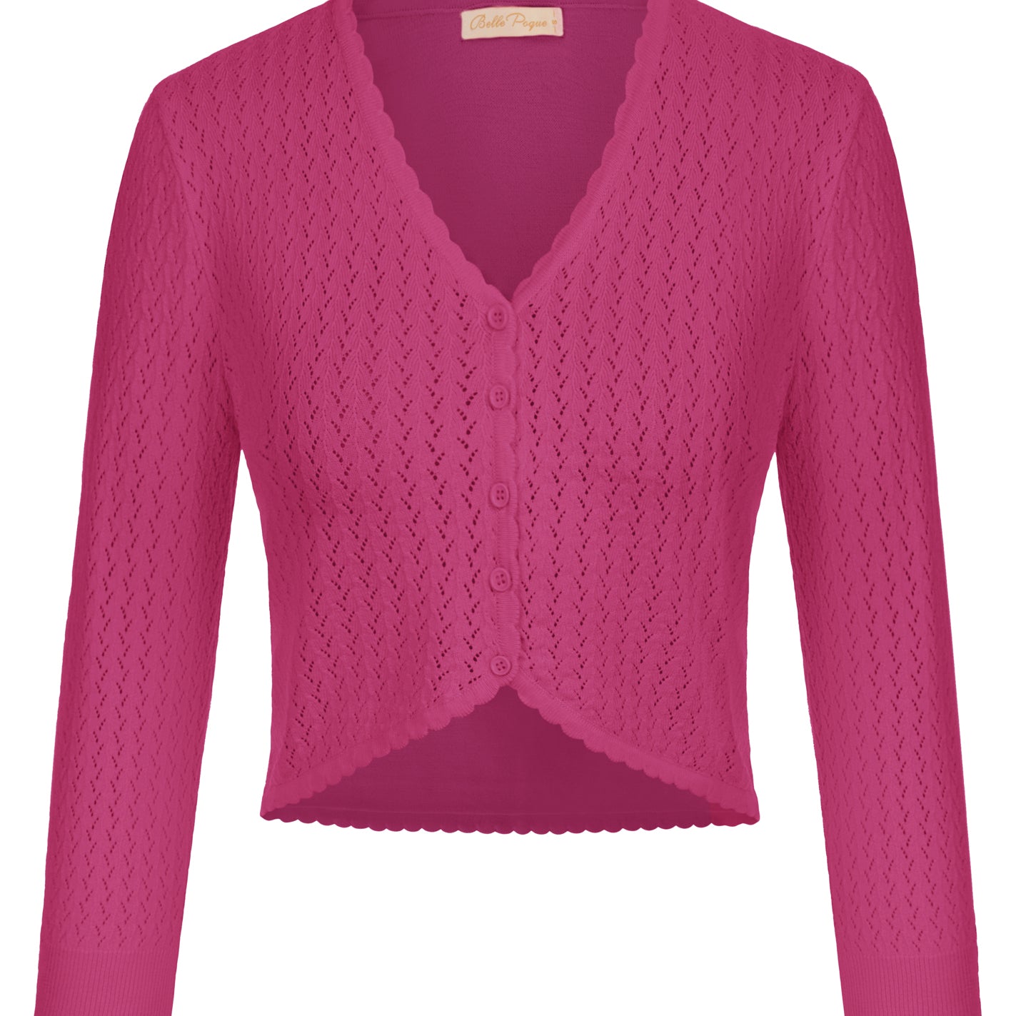 belle poque Hollowed-Out Cardigan 3/4 Sleeve V-Neck Button-up Cropped Knitwear Deep Pink
