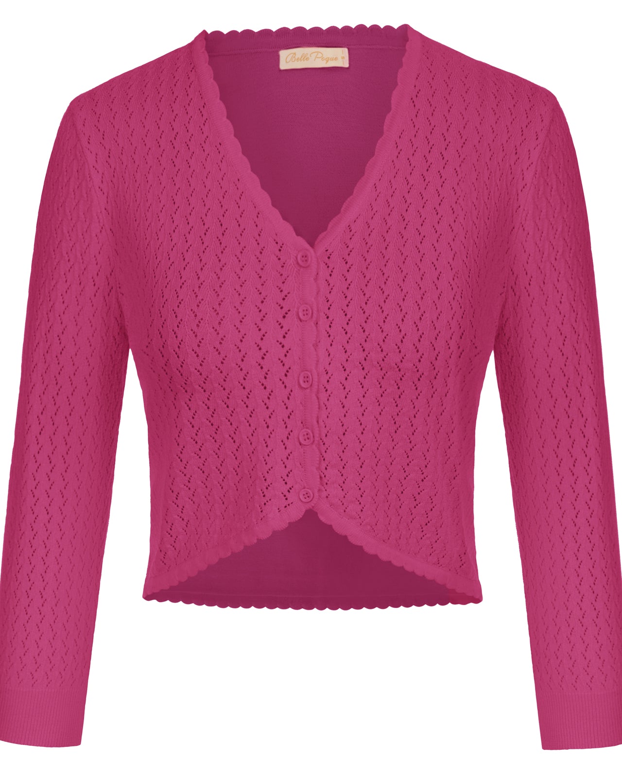 belle poque Hollowed-Out Cardigan 3/4 Sleeve V-Neck Button-up Cropped Knitwear Deep Pink